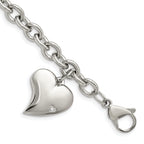 Stainless Steel Polished Link with Cubic Zirconia Heart Dangle Charm Bracelet for Women