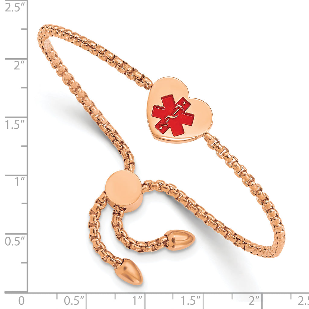 Stainless Steel Polished Rose IP-plated with Red Enamel Heart Medical ID Adjustable Bracelet for Women