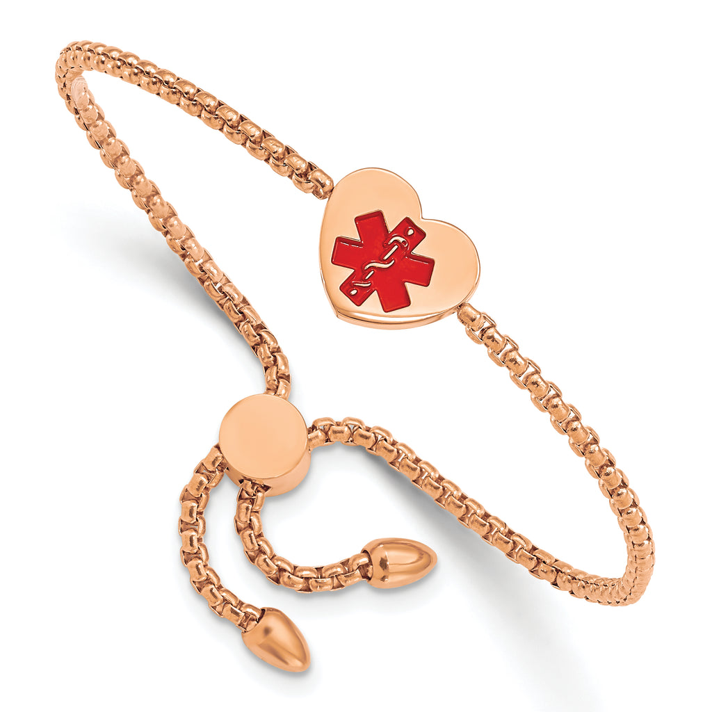 Stainless Steel Polished Rose IP-plated with Red Enamel Heart Medical ID Adjustable Bracelet for Women