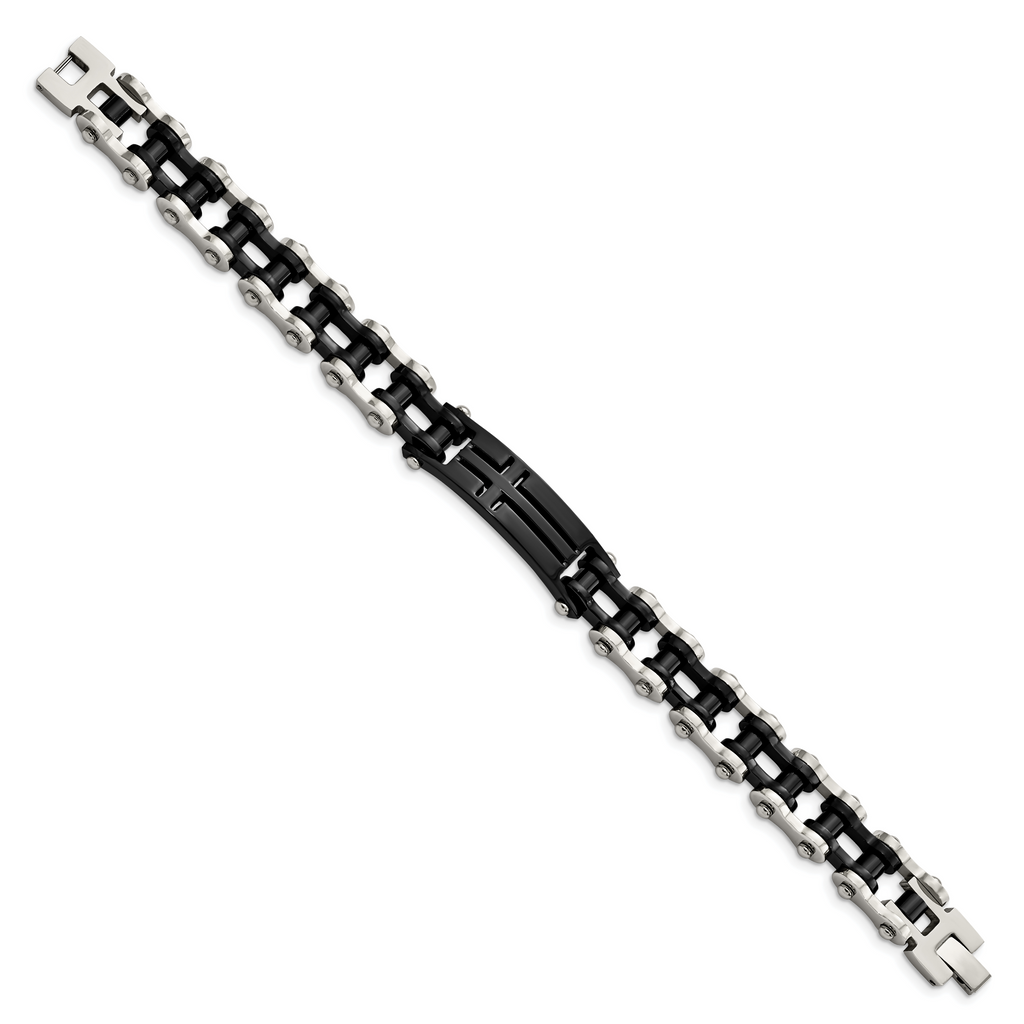 Stainless Steel Polished Black IP-plated Cross ID Bracelet for Men