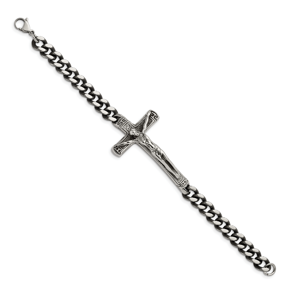 Stainless Steel Antiqued and Polished Crucifix Bracelet for Men