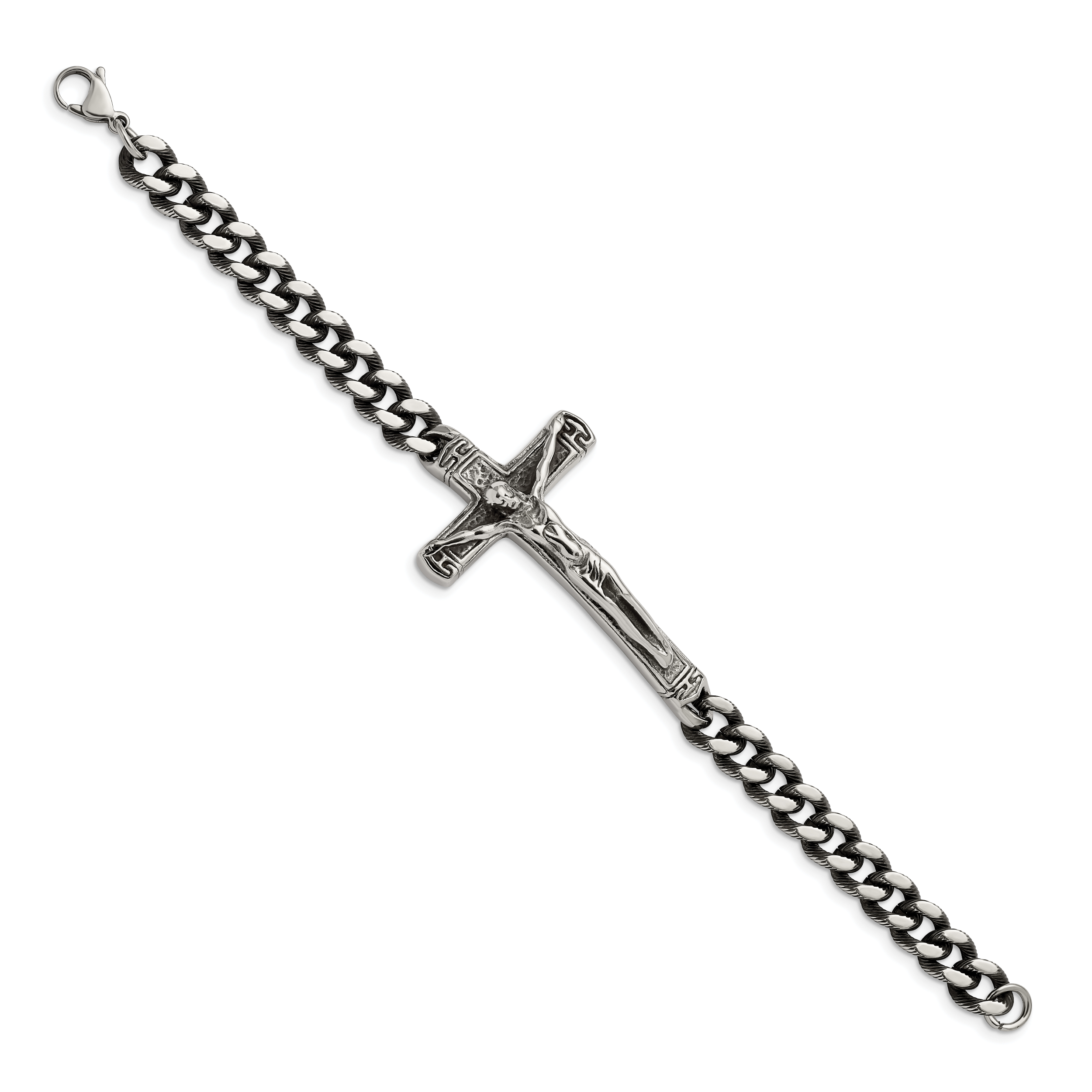 Stainless Steel Antiqued and Polished Crucifix Bracelet for Men
