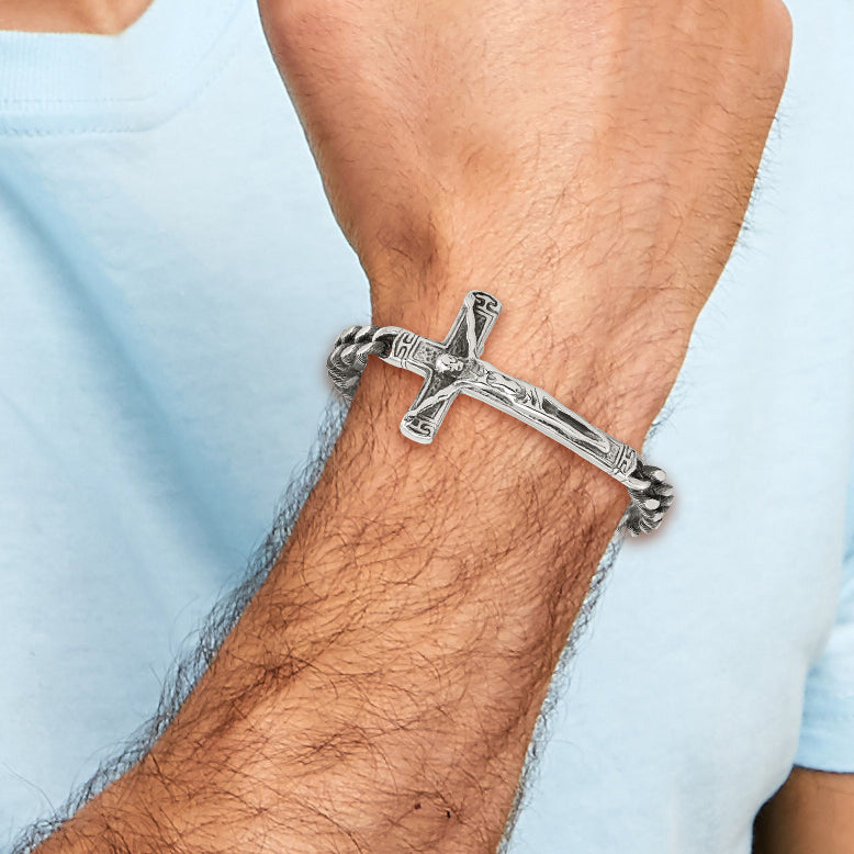Stainless Steel Antiqued and Polished Crucifix Bracelet for Men
