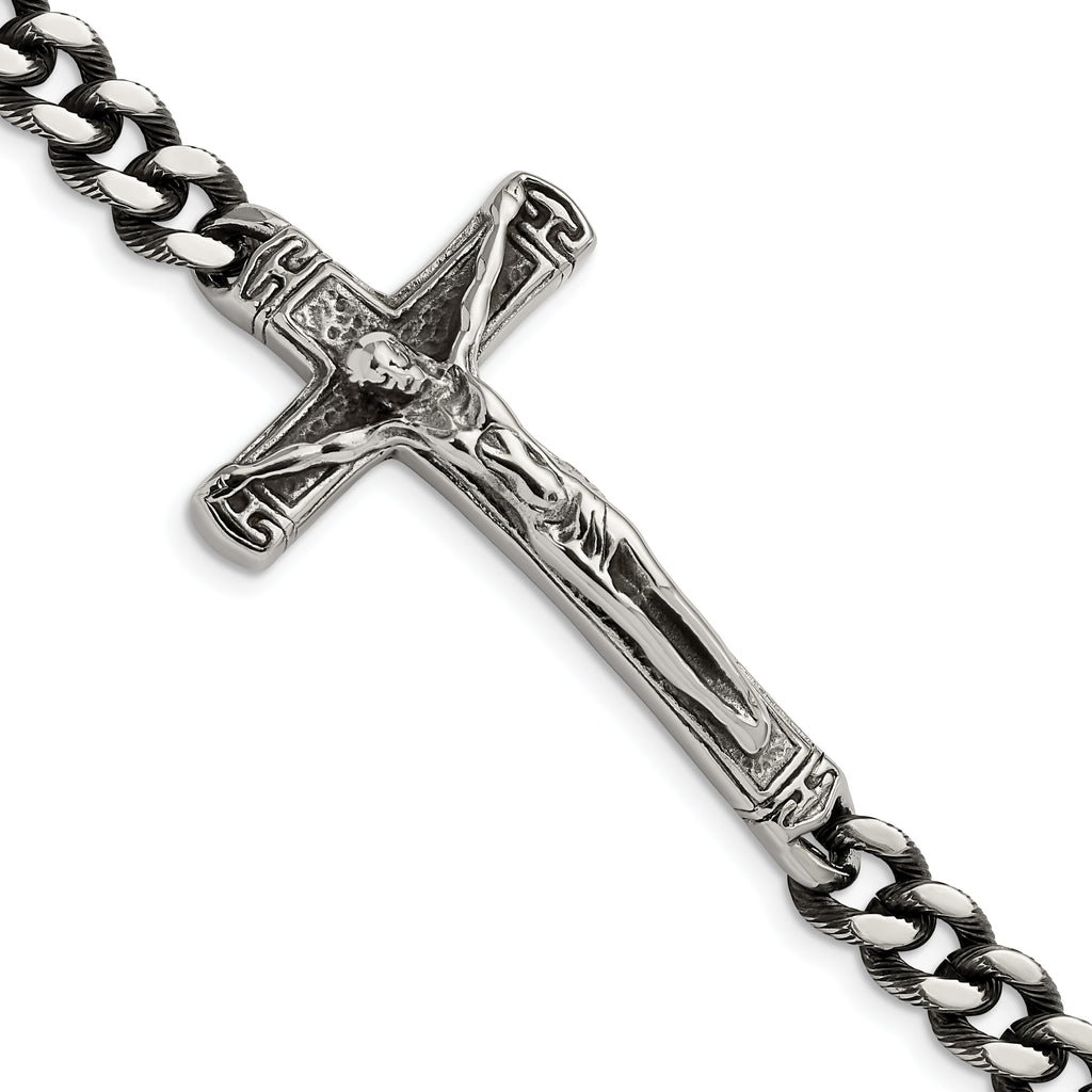 Stainless Steel Antiqued and Polished Crucifix Bracelet for Men