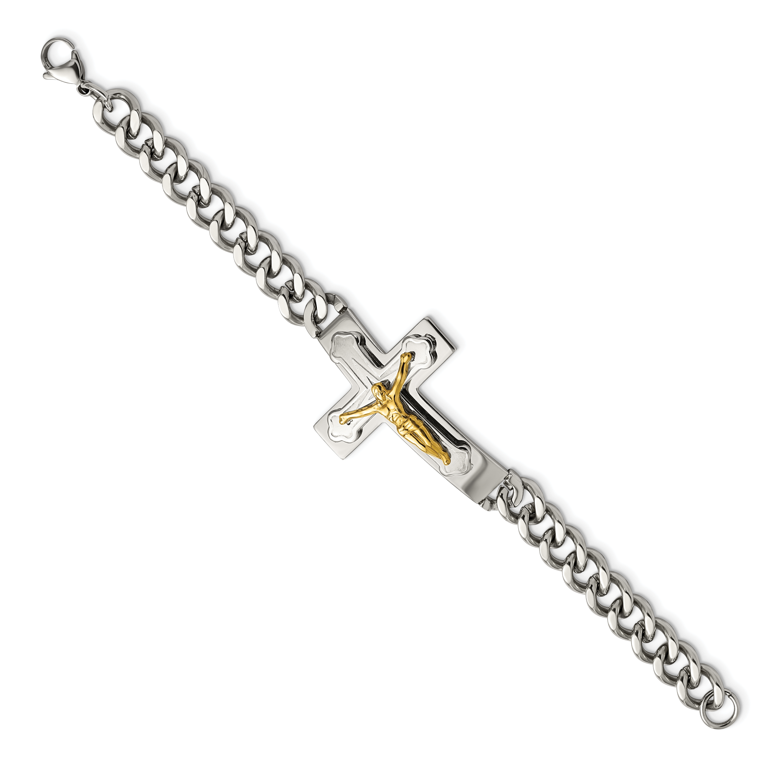 Stainless Steel Polished Yellow IP-plated Crucifix Bracelet for Men