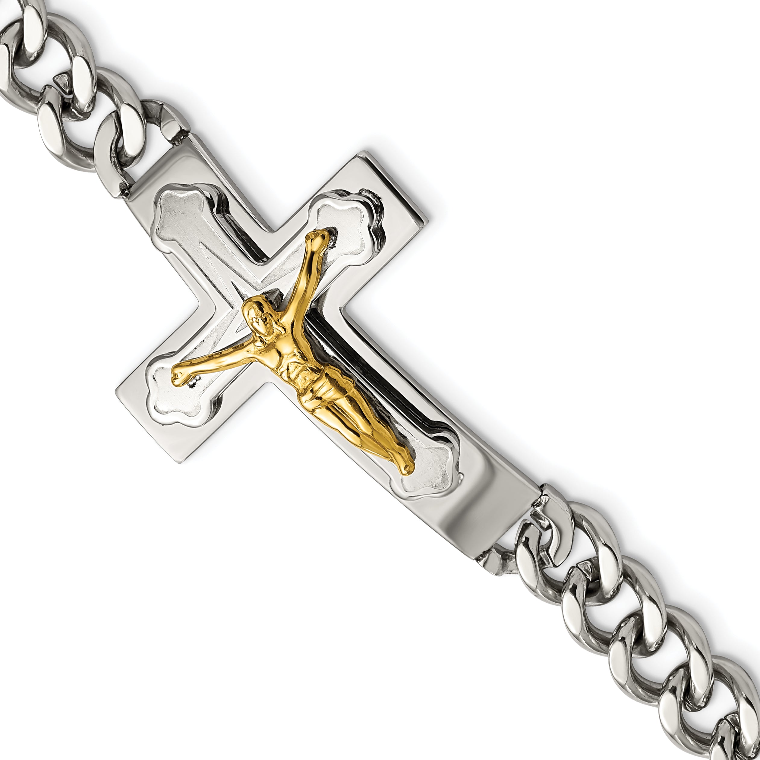 Stainless Steel Polished Yellow IP-plated Crucifix Bracelet for Men