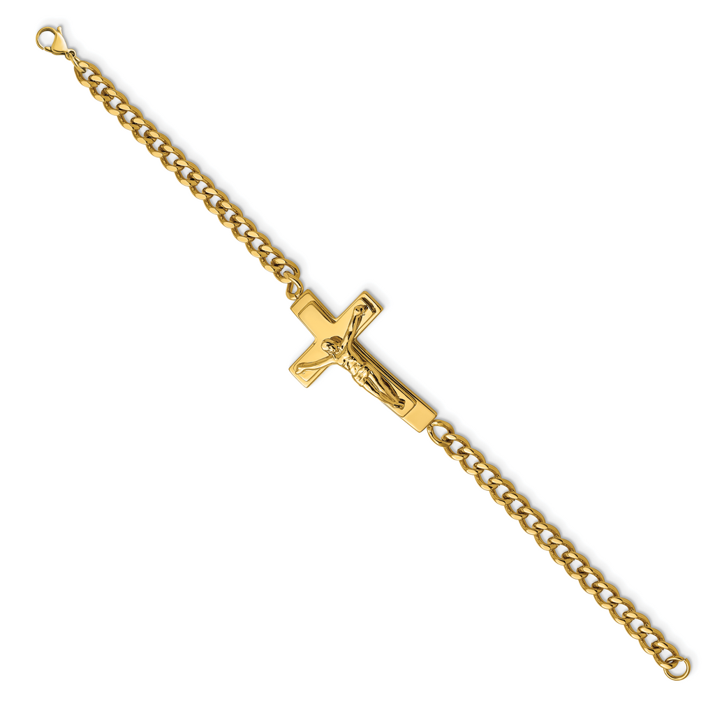 Stainless Steel Polished Yellow IP-plated Crucifix Bracelet for Men