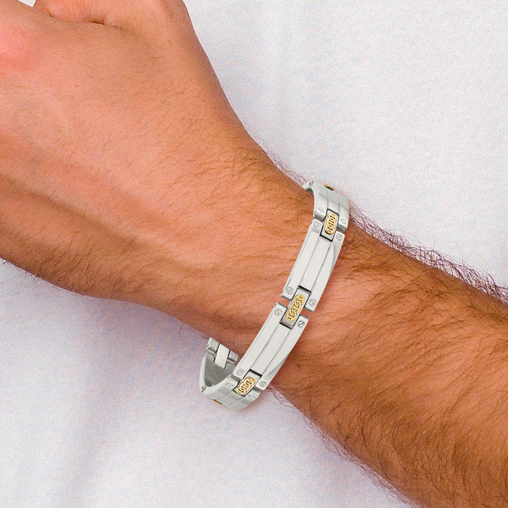 Stainless Steel with 14k Gold Accent Polished Link Bracelet for Men