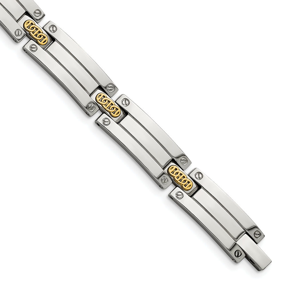 Stainless Steel with 14k Gold Accent Polished Link Bracelet for Men