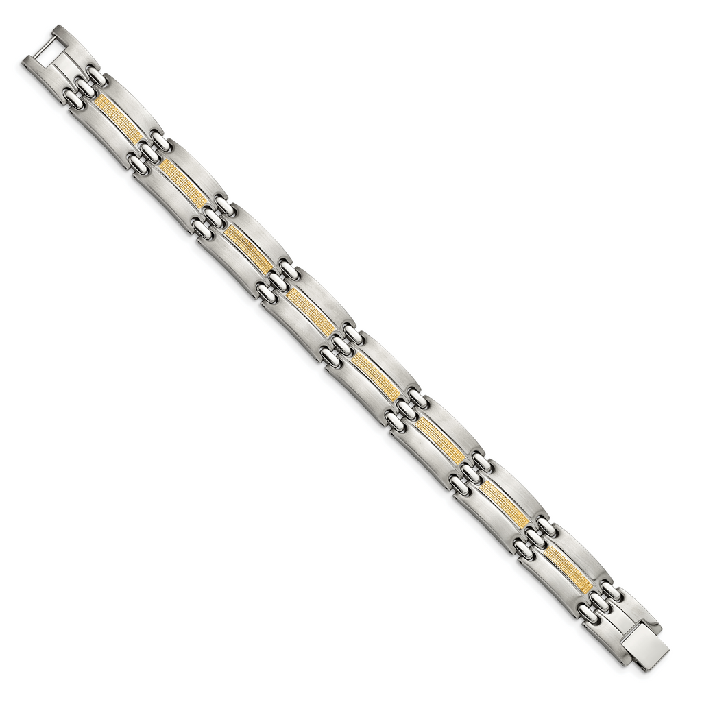 Stainless Steel with 14k Gold Accent Brushed and Polished Link Bracelet for Men