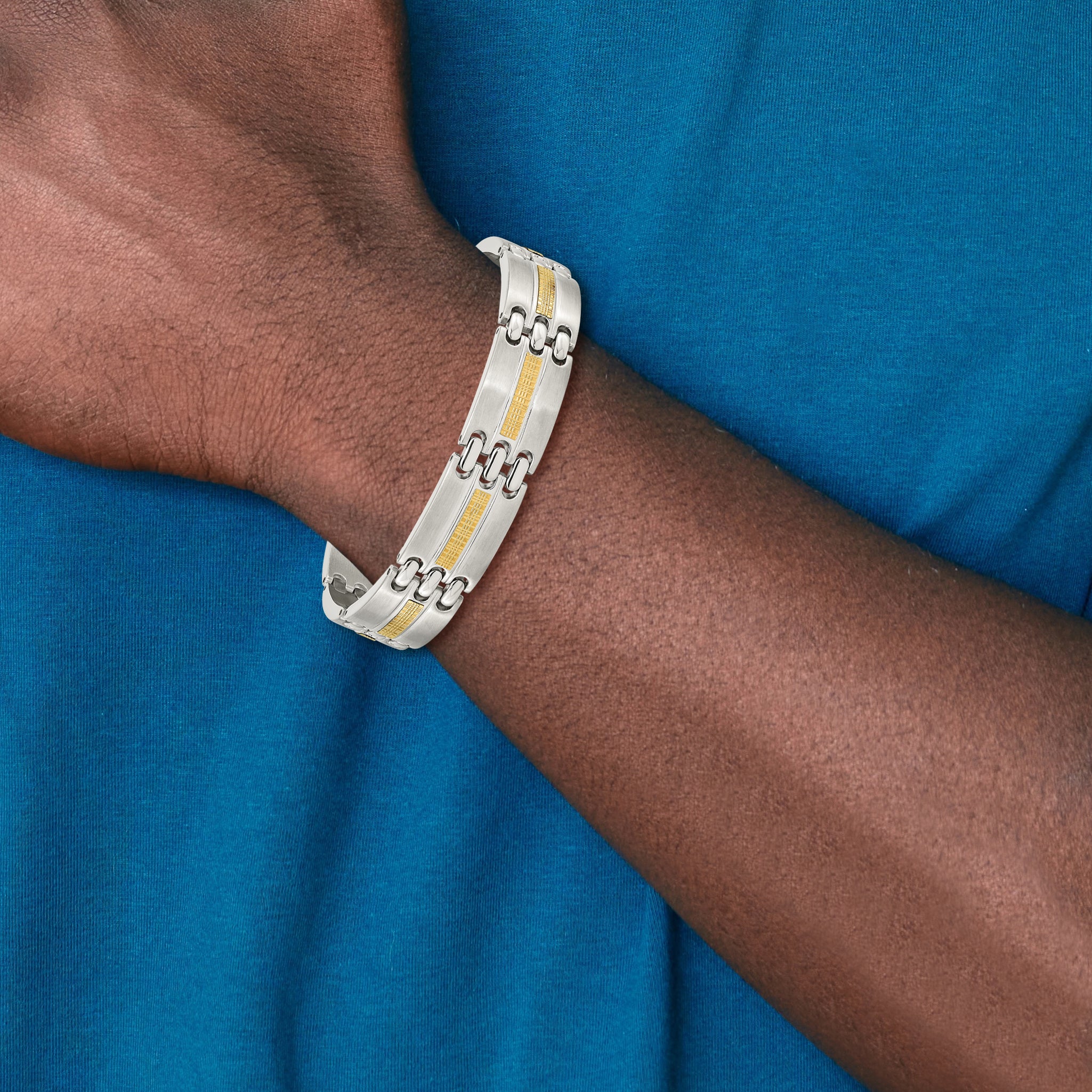 Stainless Steel with 14k Gold Accent Brushed and Polished Link Bracelet for Men