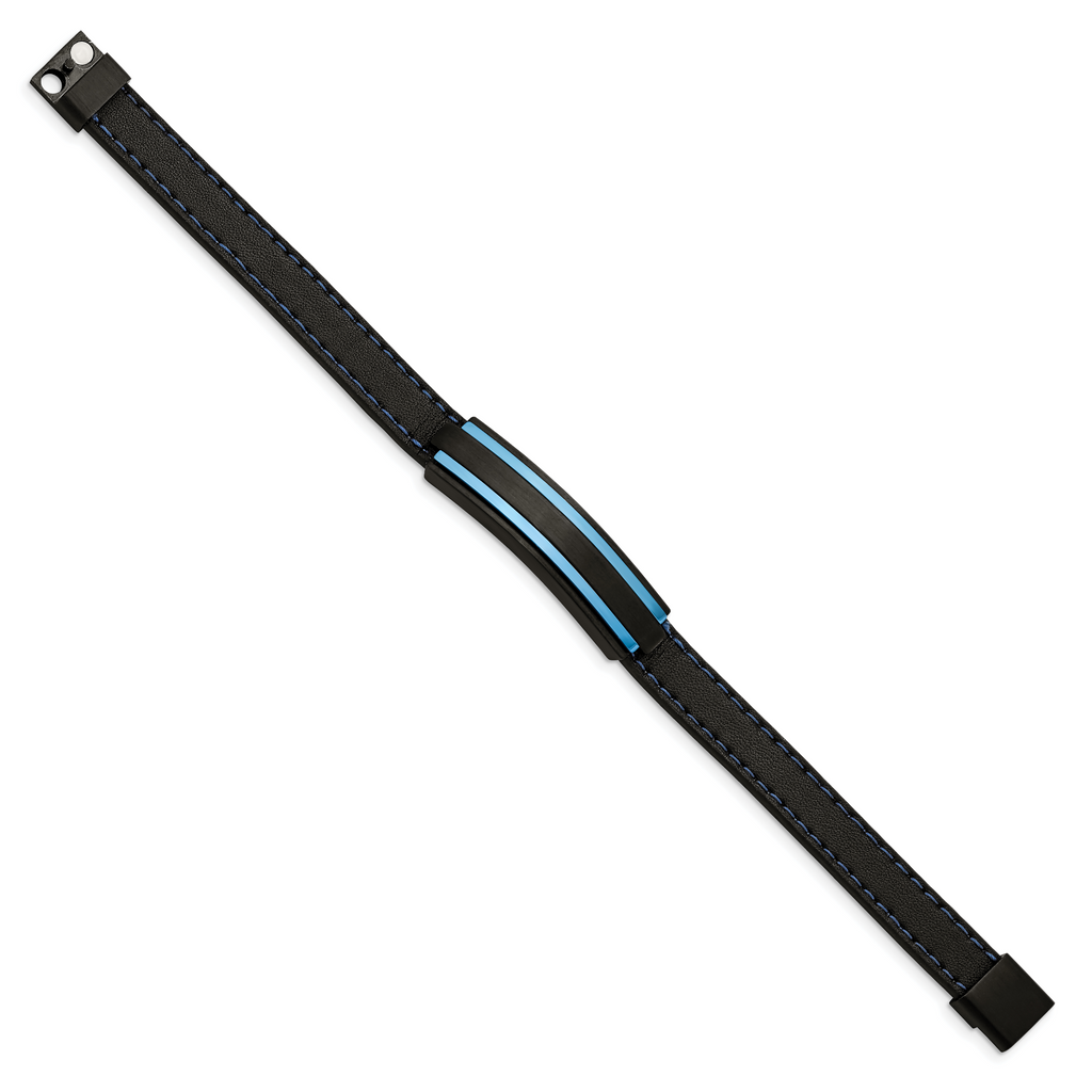 Stainless Steel Brushed and Polished Black and Blue IP-plated Black Rubber Bracelet for Men
