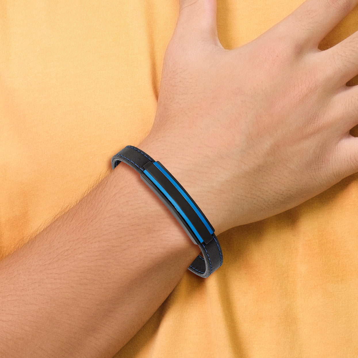 Stainless Steel Brushed and Polished Black and Blue IP-plated Black Rubber Bracelet for Men