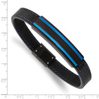 Stainless Steel Brushed and Polished Black and Blue IP-plated Black Rubber Bracelet for Men