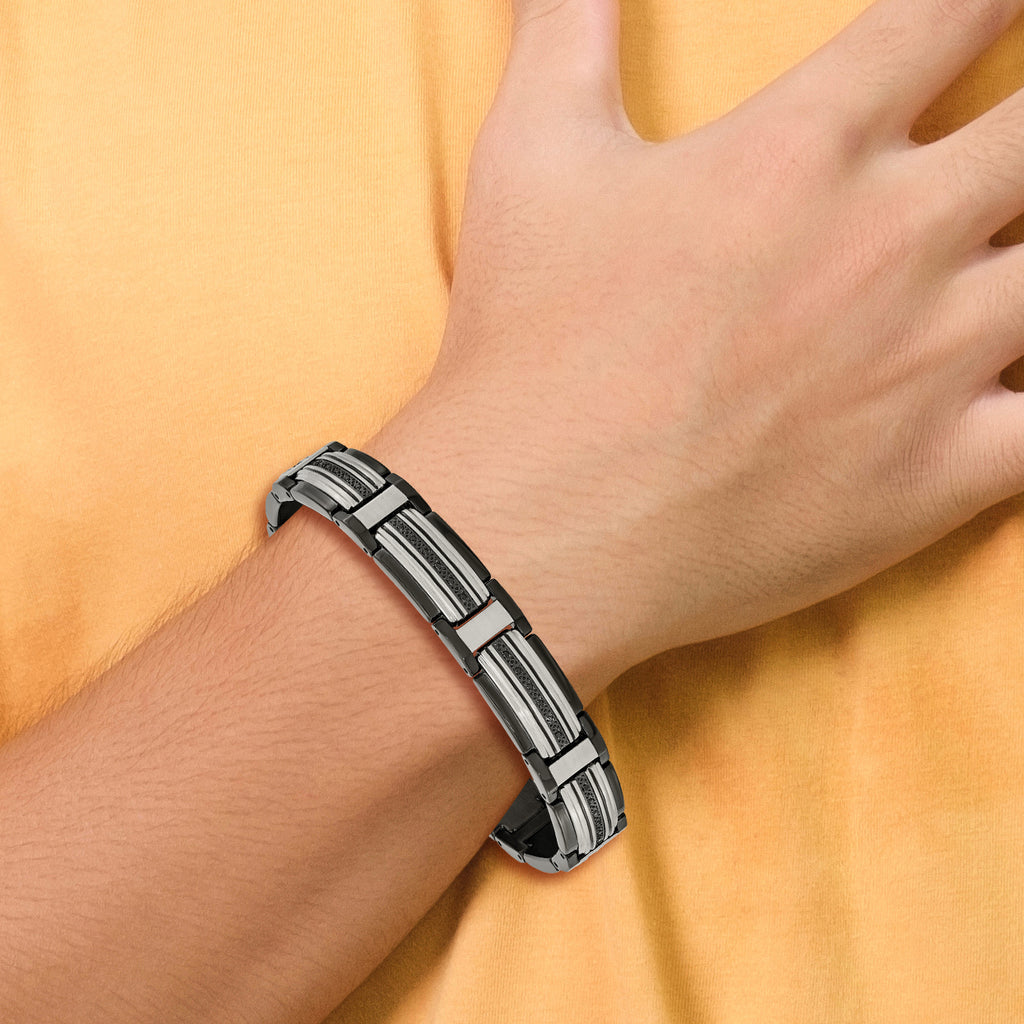 Stainless Steel Polished Black IP-plated with Black Cubic Zirconia Link Bracelet for Men