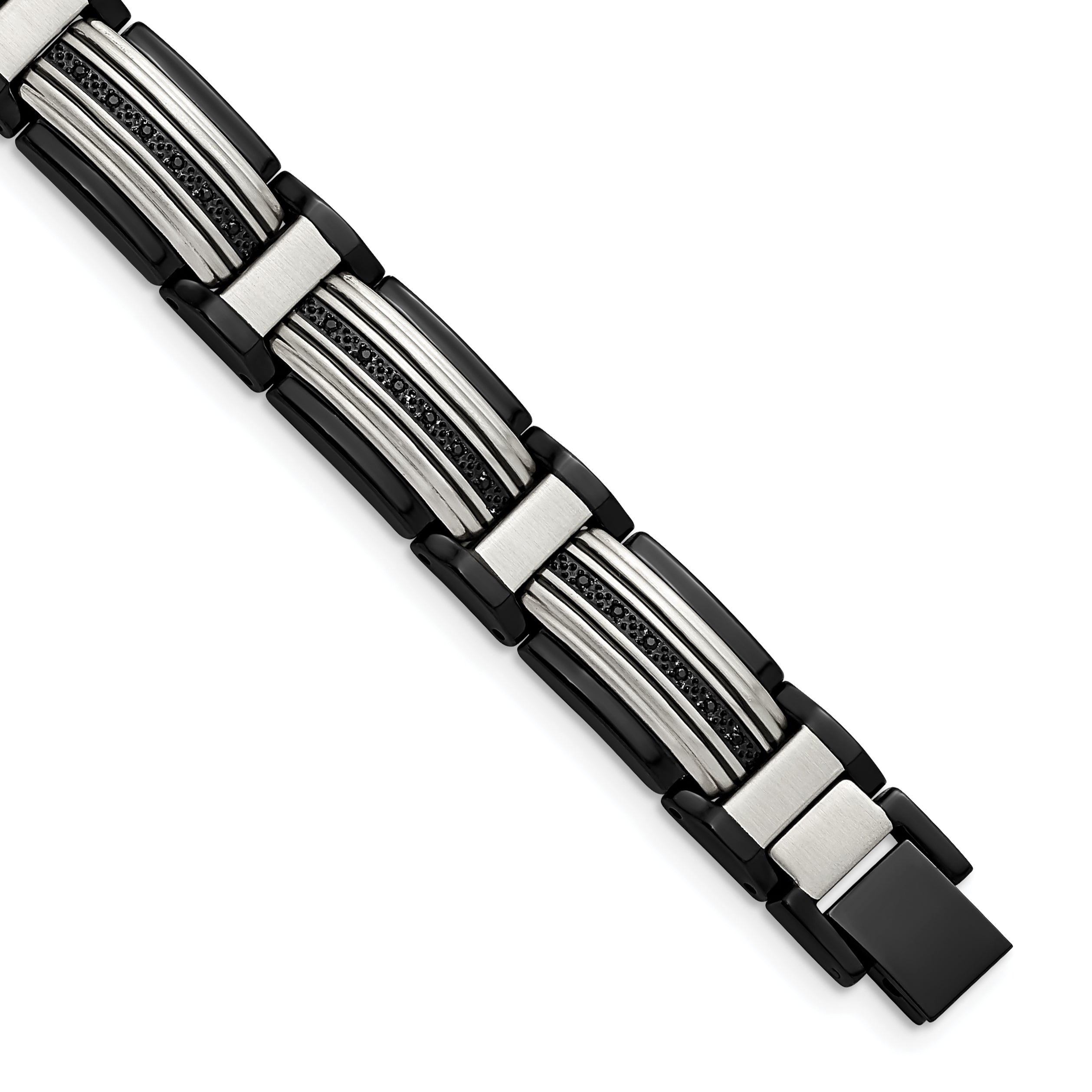 Stainless Steel Polished Black IP-plated with Black Cubic Zirconia Link Bracelet for Men