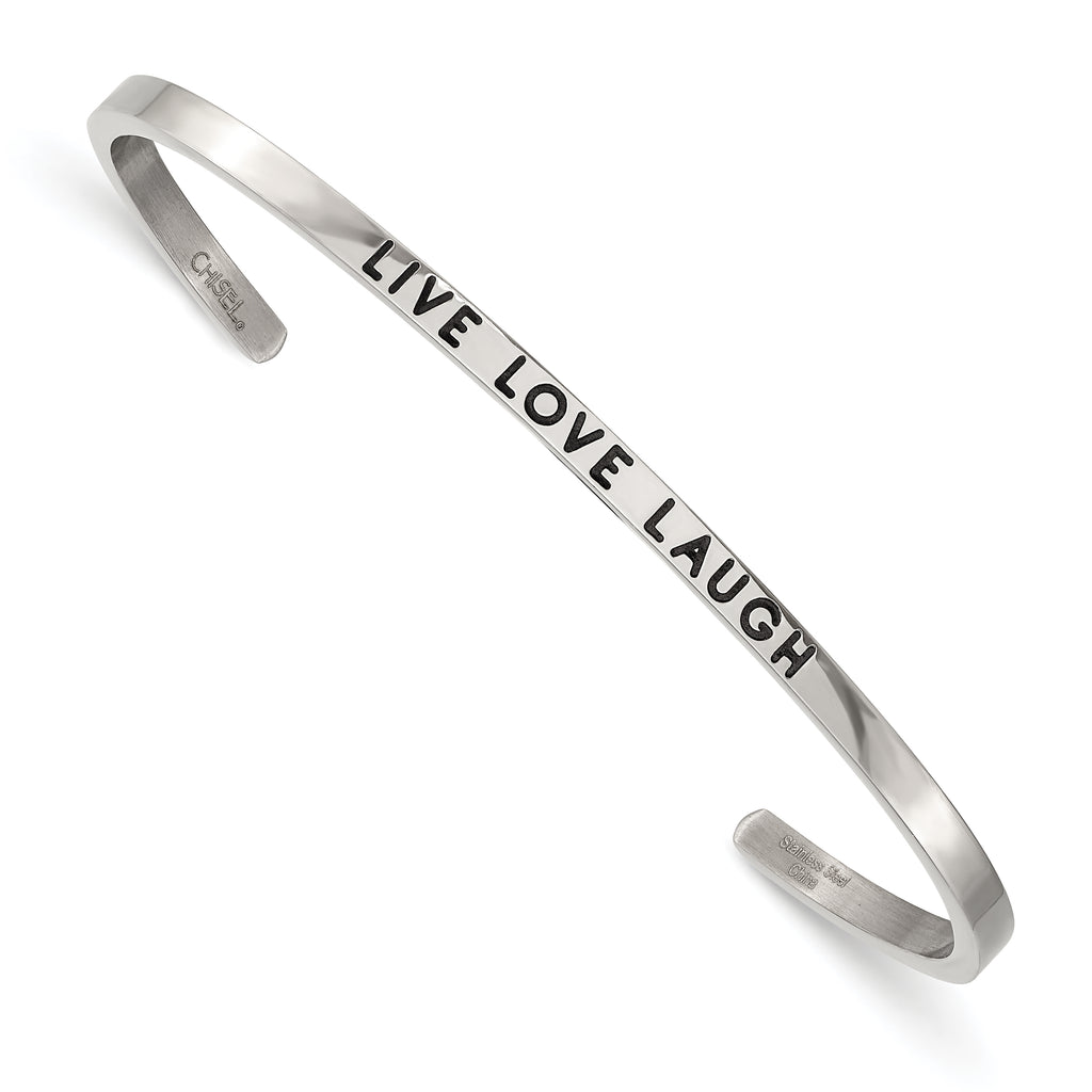 Stainless Steel Polished and Enameled with Crystal Live Love Laugh 3mm Cuff Bangle Bracelet for Women