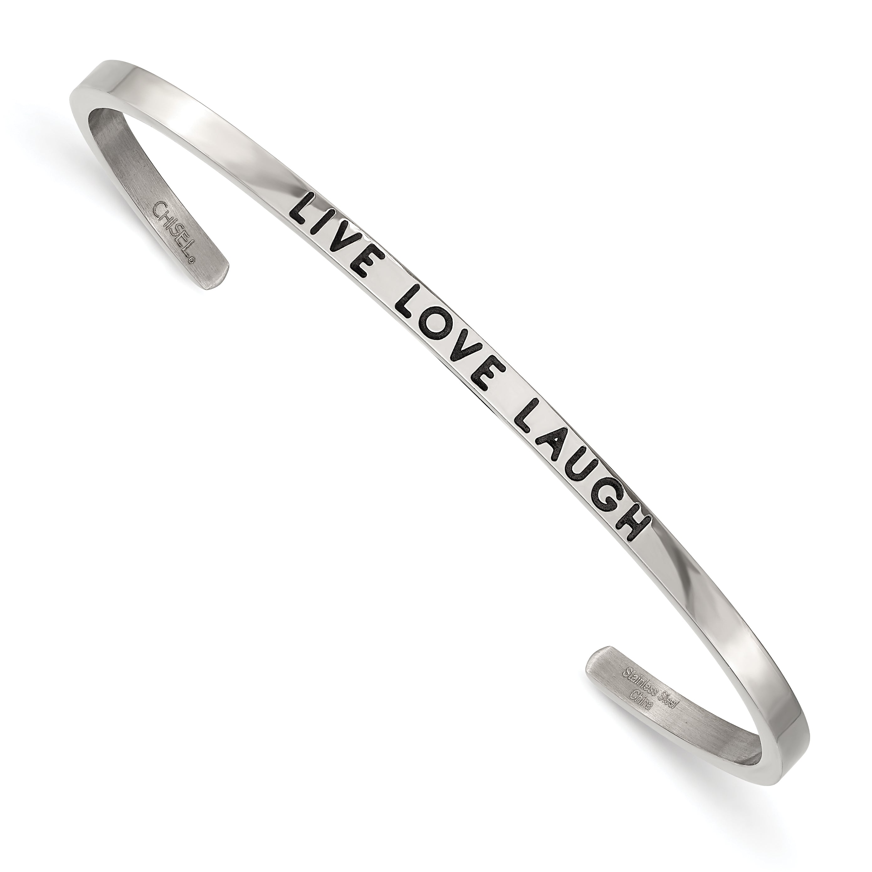 Stainless Steel Polished and Enameled with Crystal Live Love Laugh 3mm Cuff Bangle Bracelet for Women