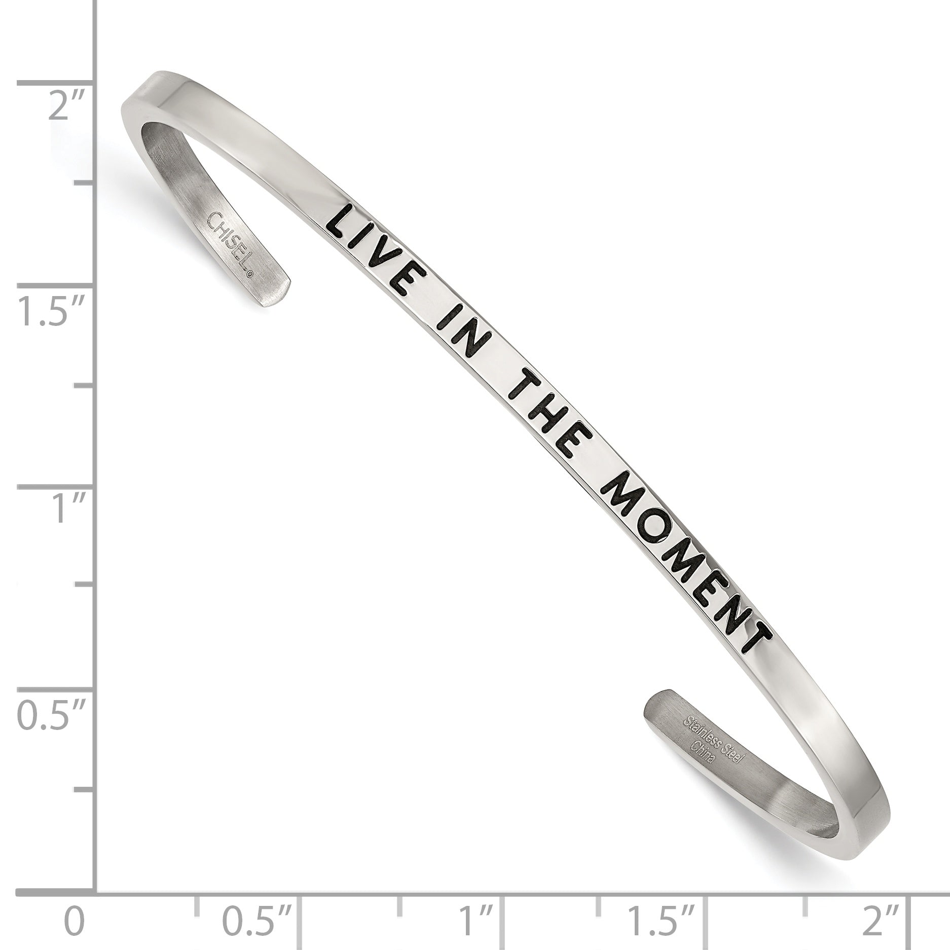 Stainless Steel Polished and Enameled with Crystal Live IN The Moment 3mm Cuff Bangle Bracelet for Women