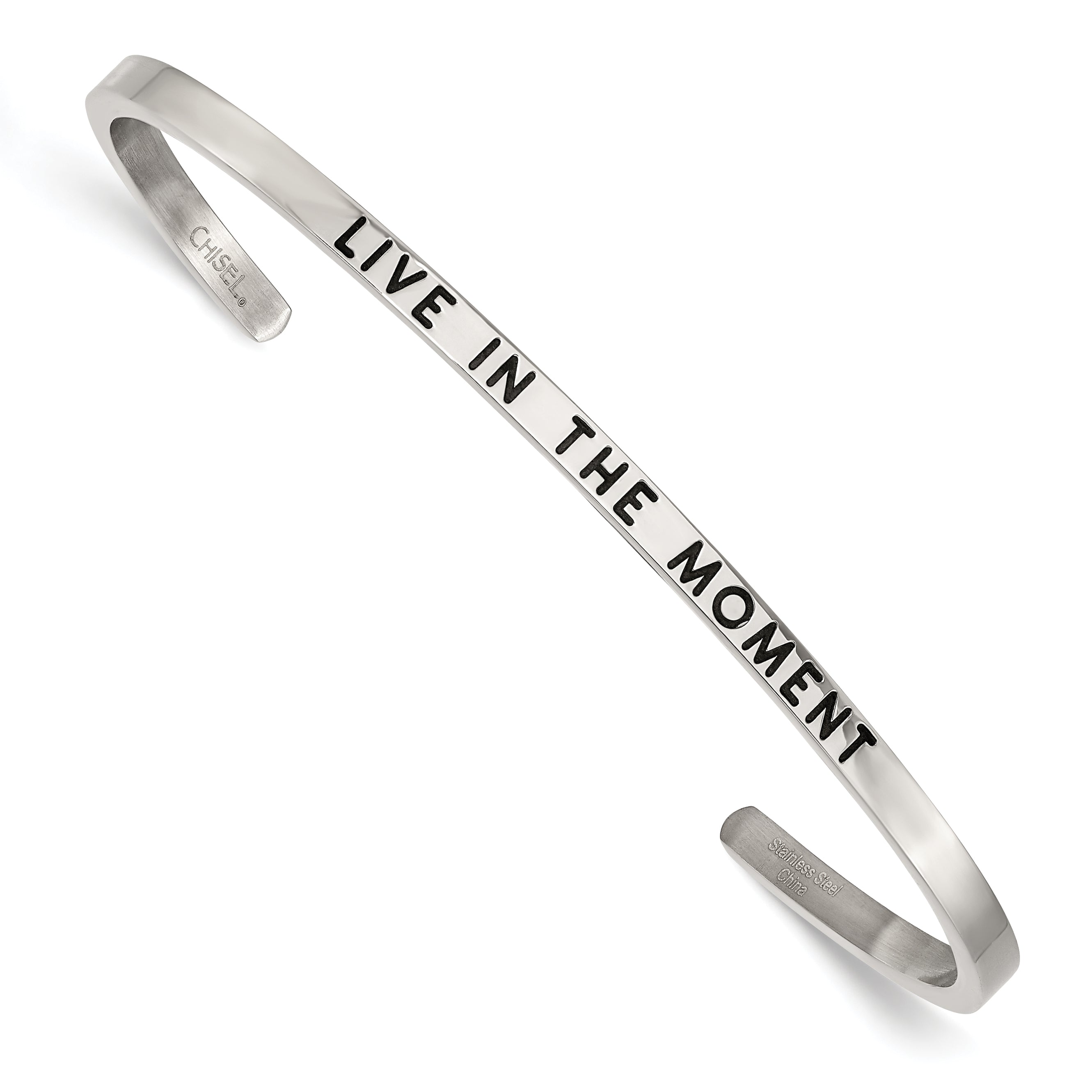 Stainless Steel Polished and Enameled with Crystal Live IN The Moment 3mm Cuff Bangle Bracelet for Women Main image