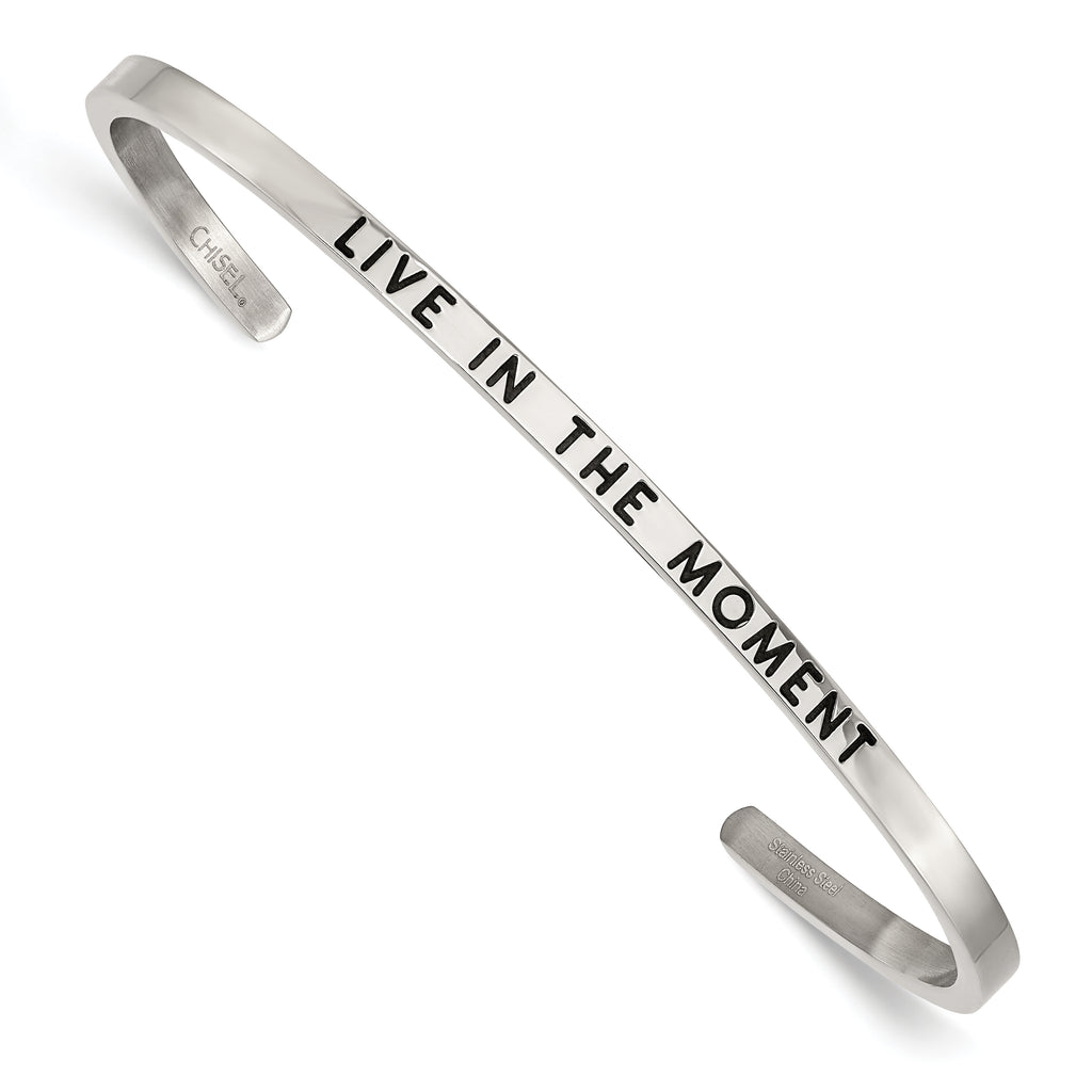 Stainless Steel Polished and Enameled with Crystal Live IN The Moment 3mm Cuff Bangle Bracelet for Women