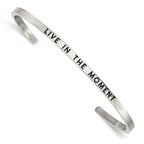 Stainless Steel Polished and Enameled with Crystal Live IN The Moment 3mm Cuff Bangle Bracelet for Women