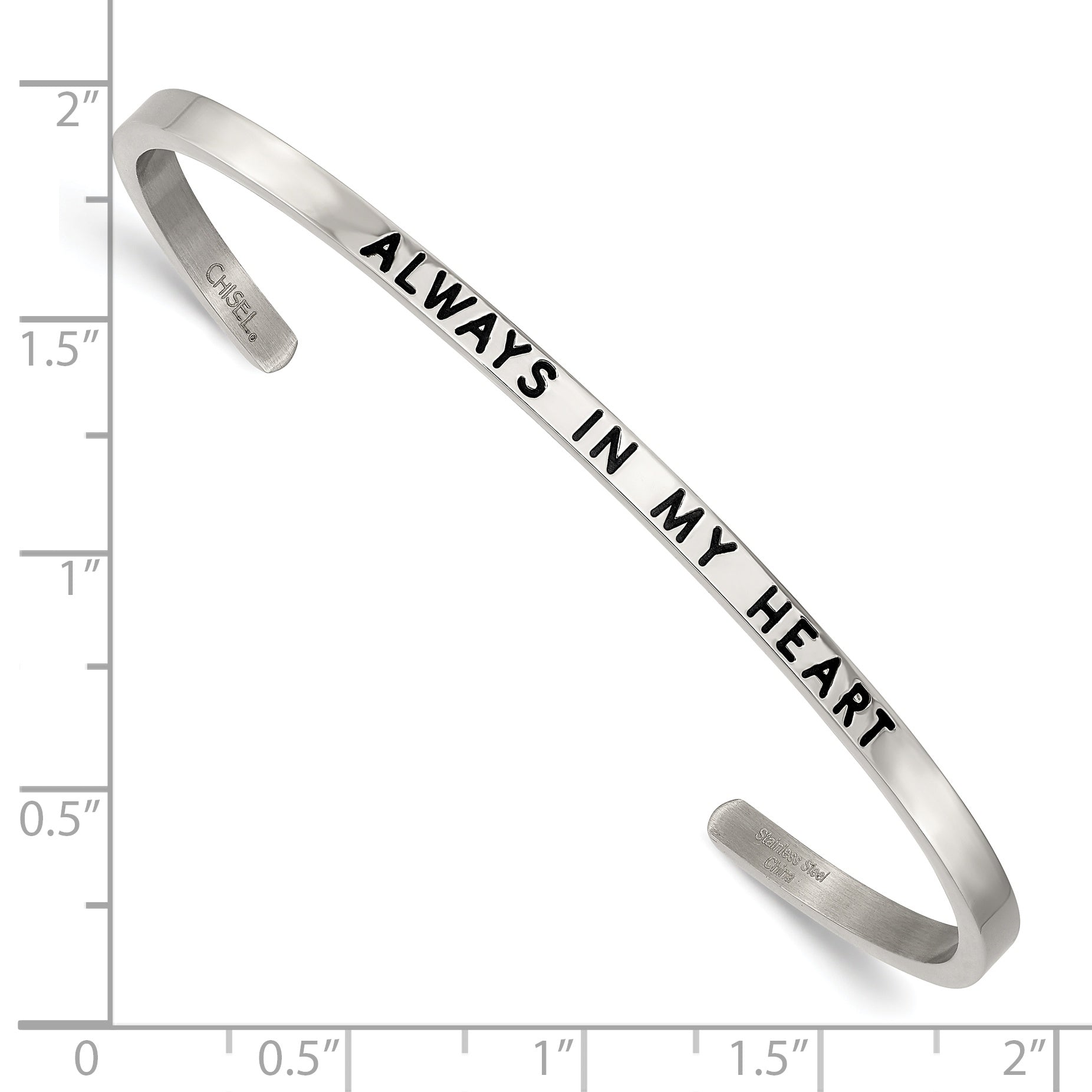 Stainless Steel Polished and Enameled with Crystal Always IN MY Heart 3mm Bangle Bracelet for Women