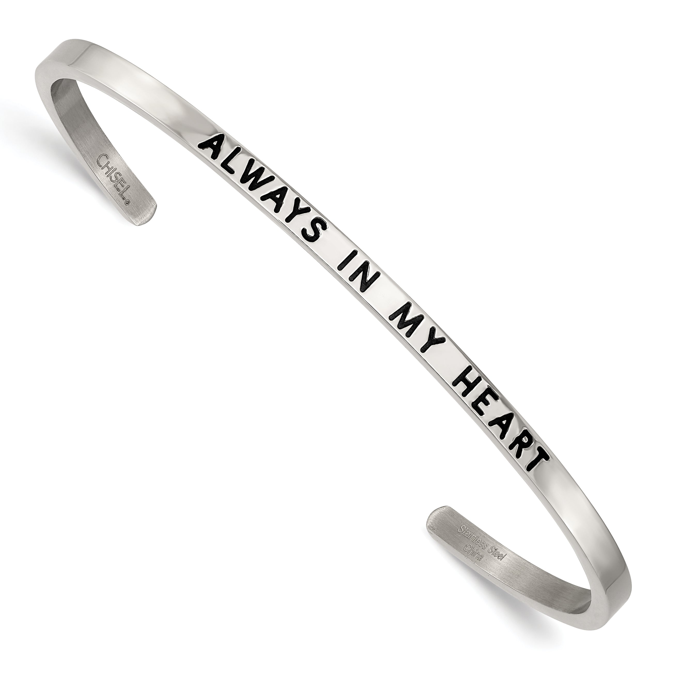 Stainless Steel Polished and Enameled with Crystal Always IN MY Heart 3mm Bangle Bracelet for Women Main image