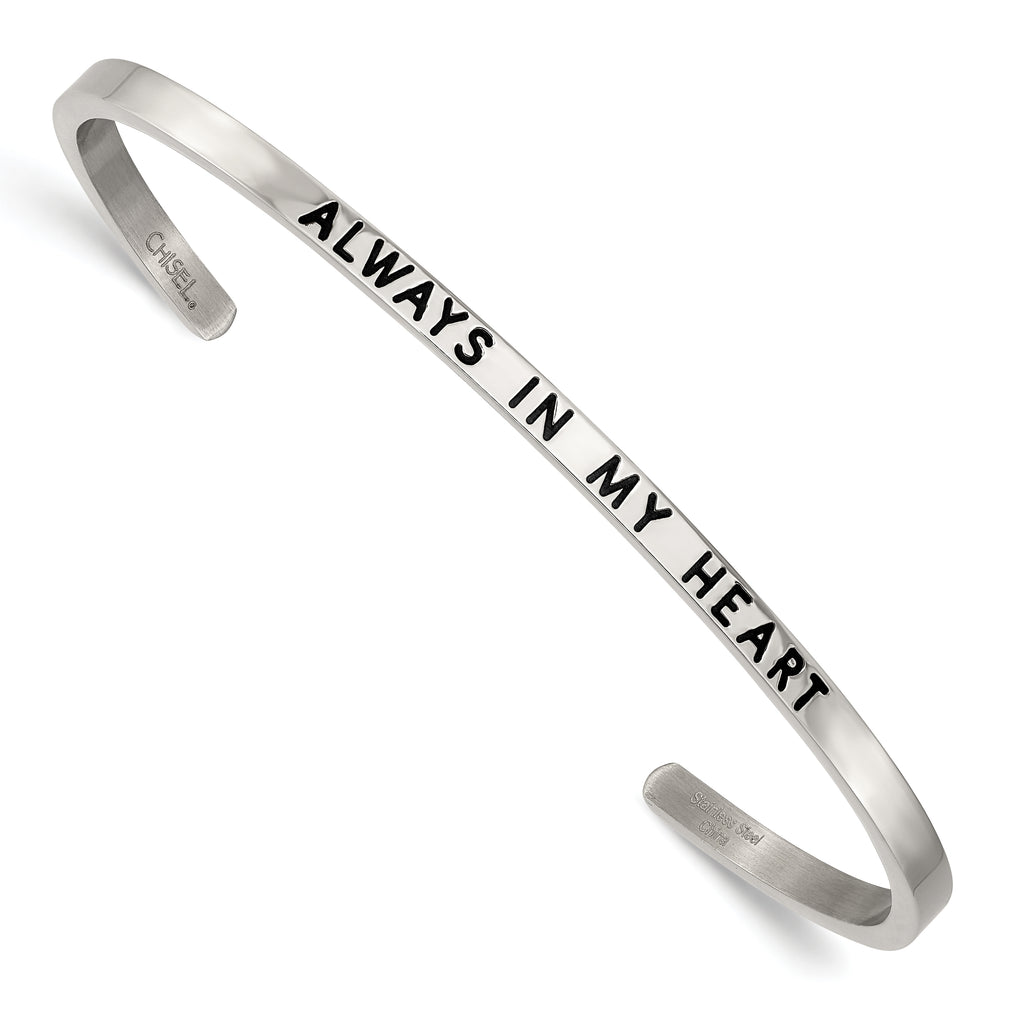 Stainless Steel Polished and Enameled with Crystal Always IN MY Heart 3mm Bangle Bracelet for Women