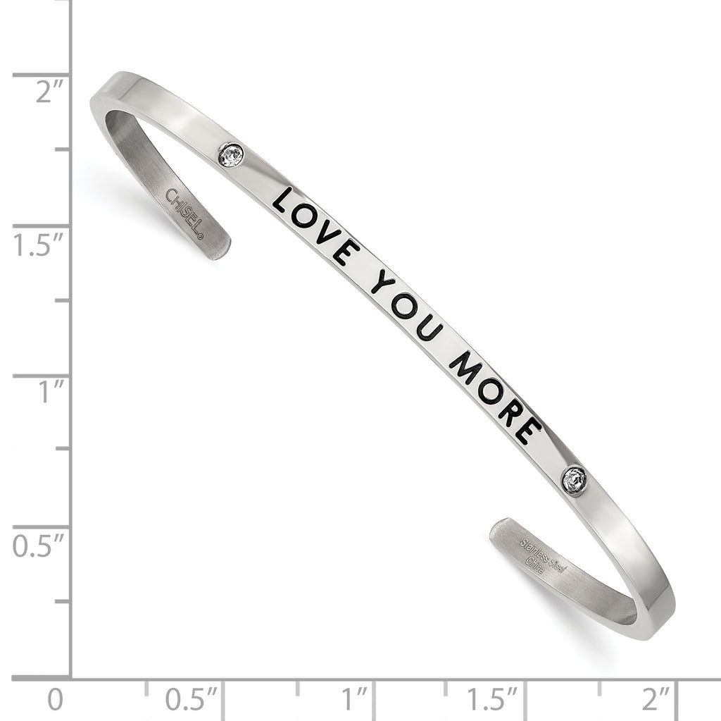 Stainless Steel Polished and Enameled with Crystal Love You More 3mm Cuff Bangle Bracelet for Women