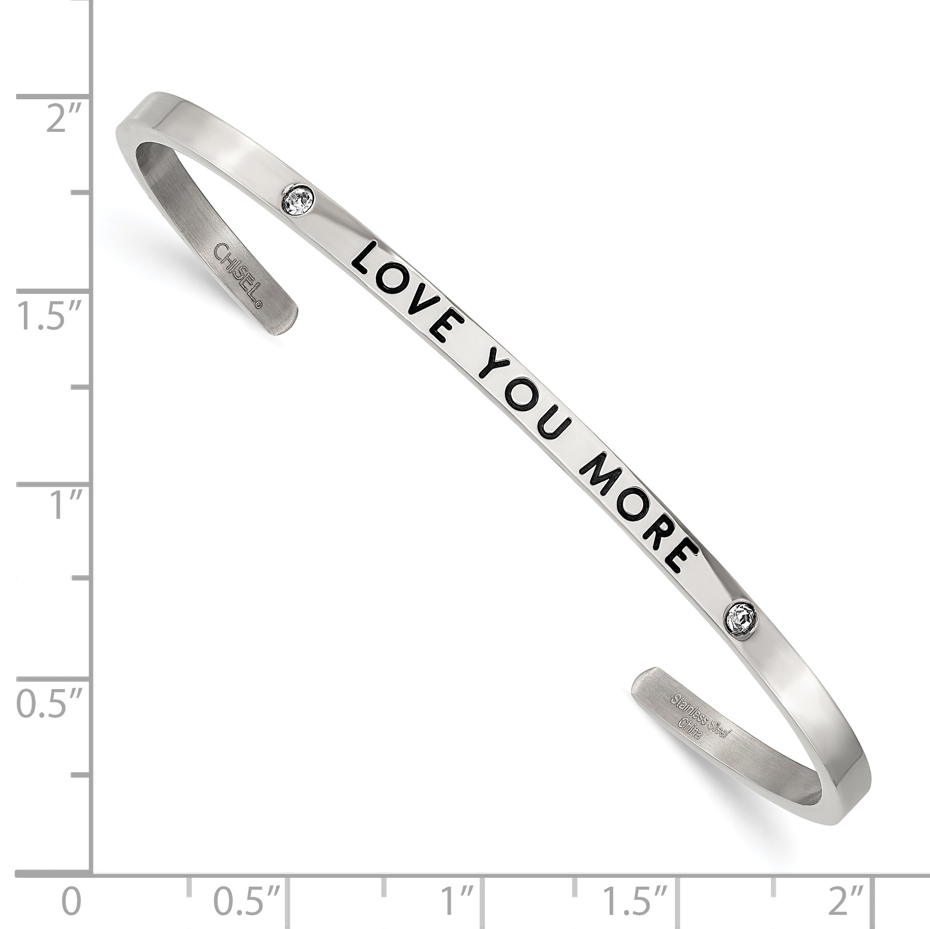 Stainless Steel Polished and Enameled with Crystal Love You More 3mm Cuff Bangle Bracelet for Women