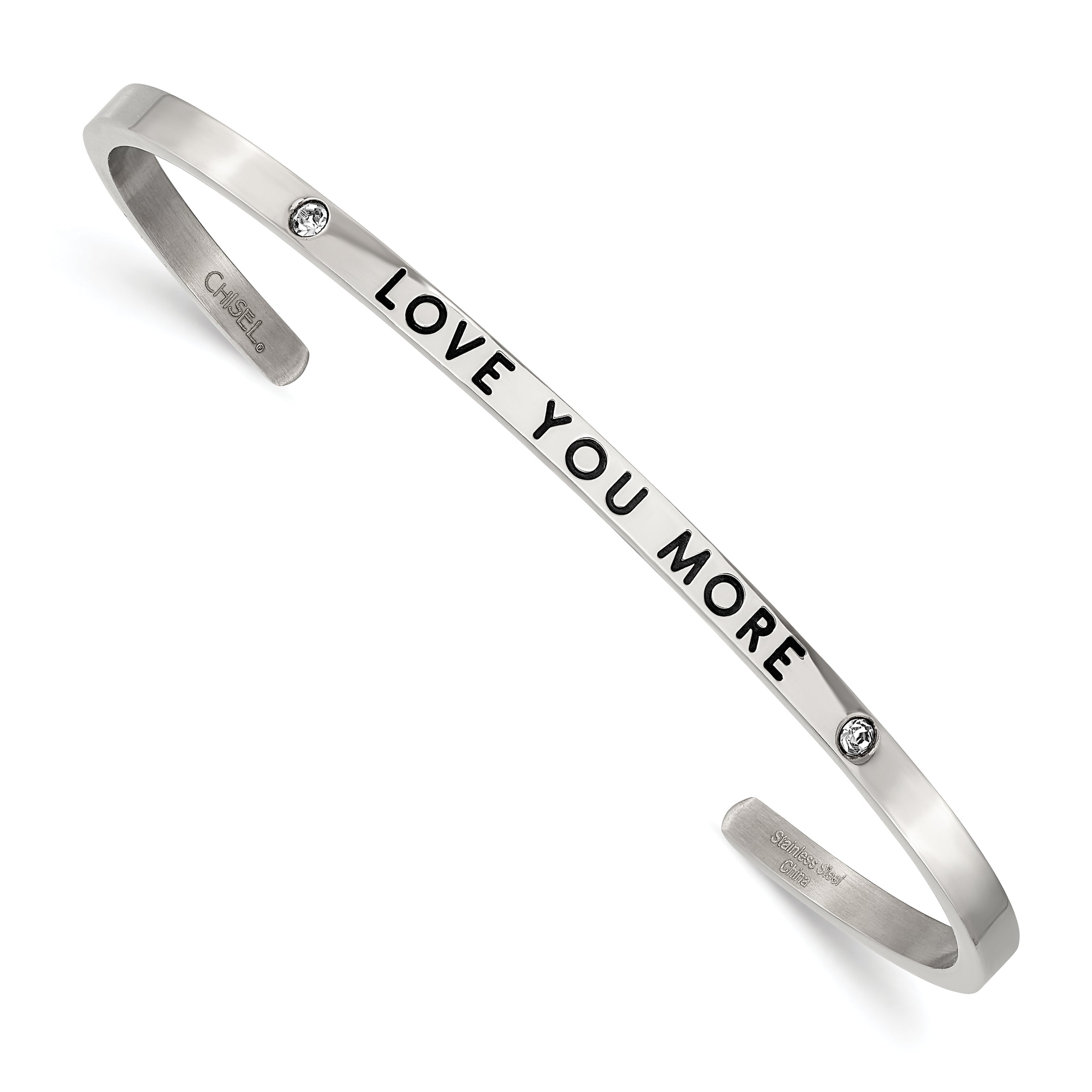 Stainless Steel Polished and Enameled with Crystal Love You More 3mm Cuff Bangle Bracelet for Women Main image