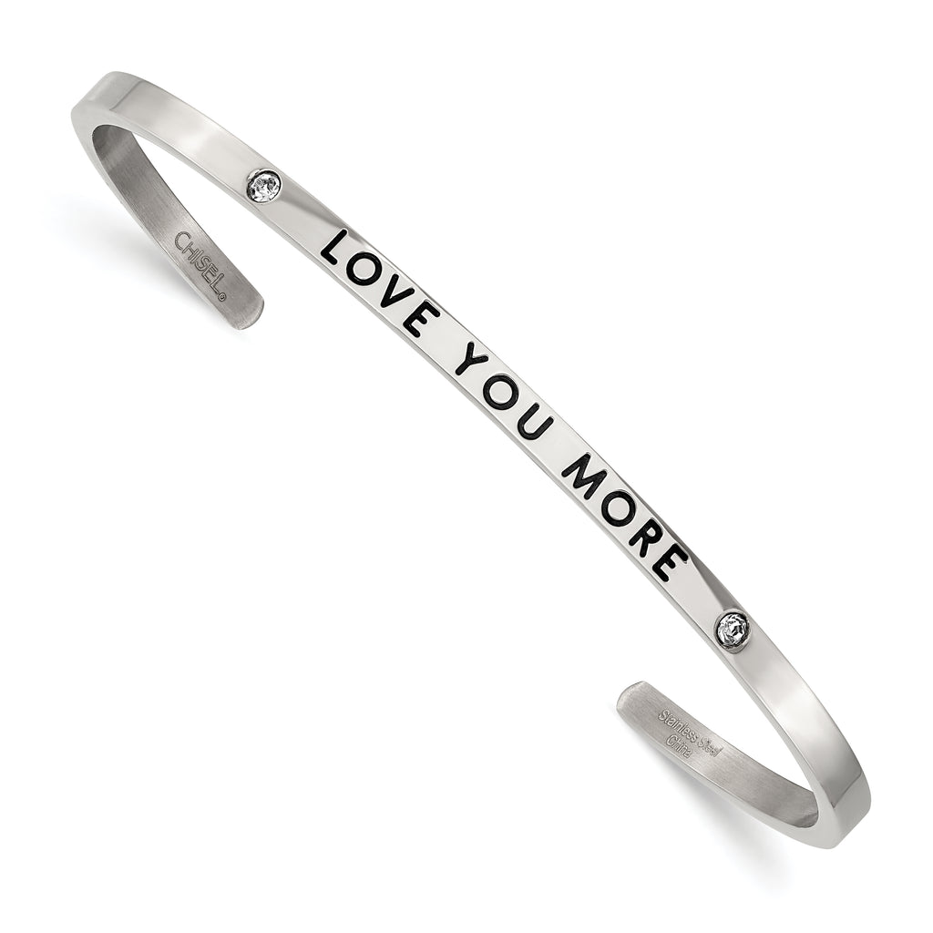 Stainless Steel Polished and Enameled with Crystal Love You More 3mm Cuff Bangle Bracelet for Women