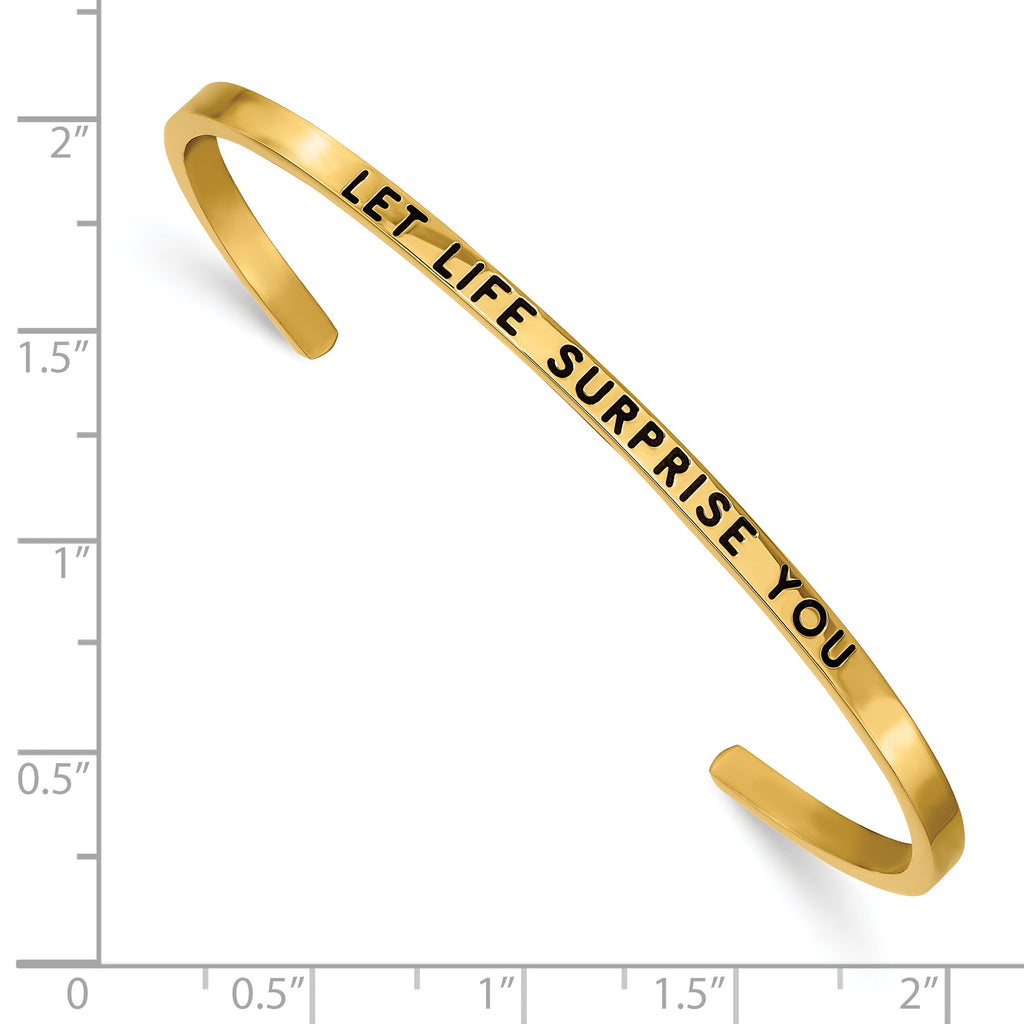 Stainless Steel Polished Yellow IP-plated and Enameled with Crystal Let Life Surprise You 3mm Cuff Bangle Bracelet for Women