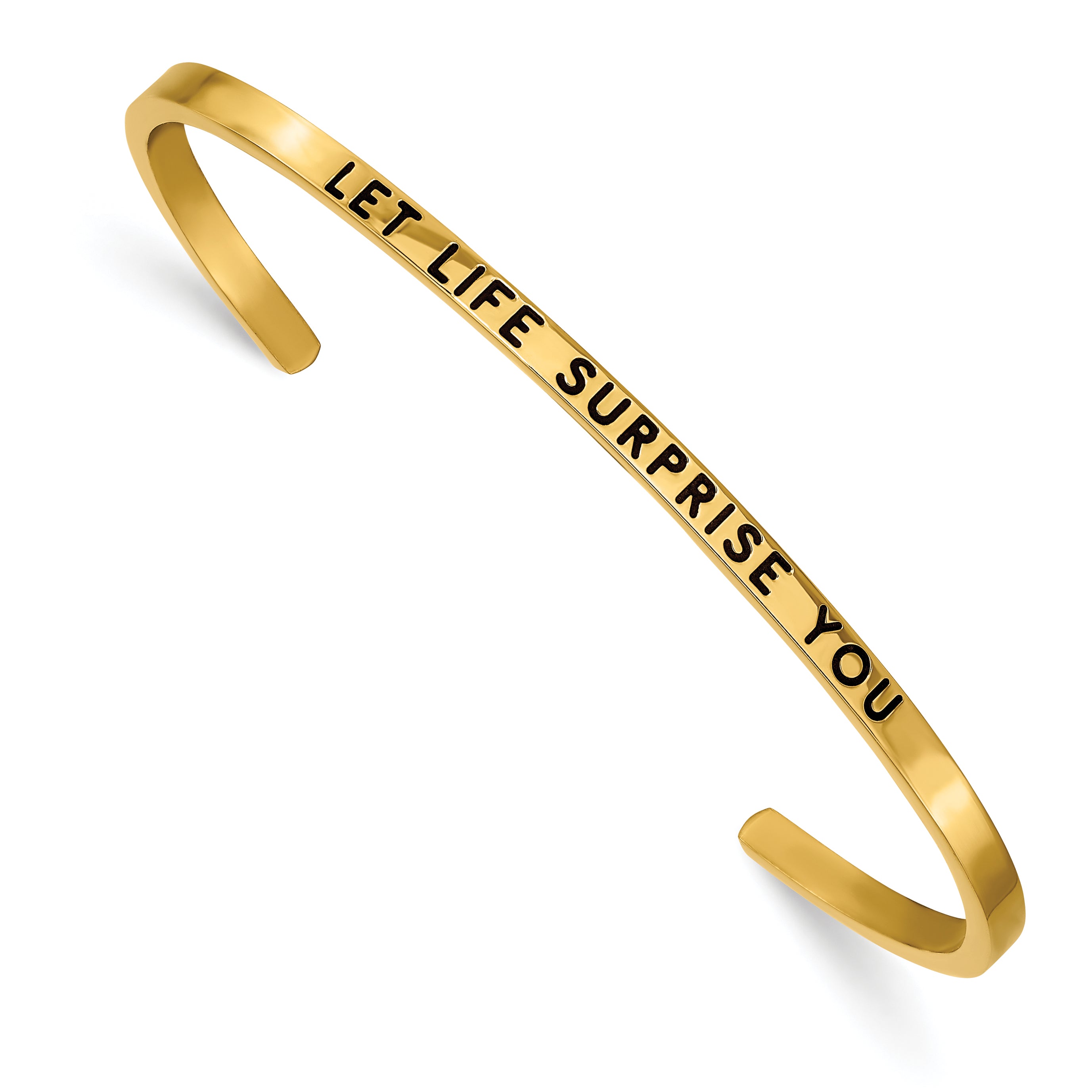 Stainless Steel Polished Yellow IP-plated and Enameled with Crystal Let Life Surprise You 3mm Cuff Bangle Bracelet for Women