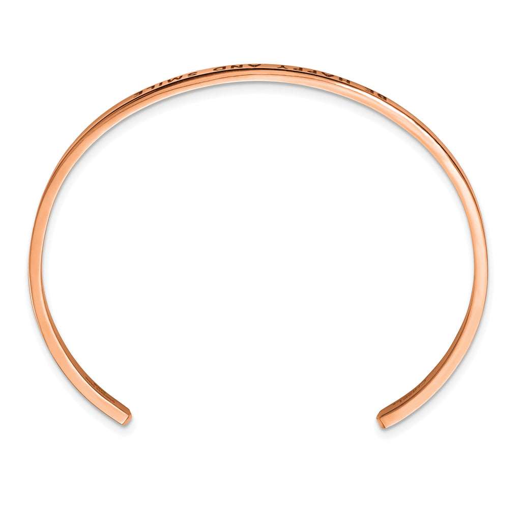 Stainless Steel Polished Rose IP-plated and Enameled with Crystal BE Happy And Smile 3mm Cuff Bangle Bracelet for Women