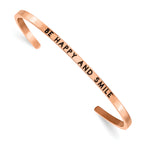 Stainless Steel Polished Rose IP-plated and Enameled with Crystal BE Happy And Smile 3mm Cuff Bangle Bracelet for Women