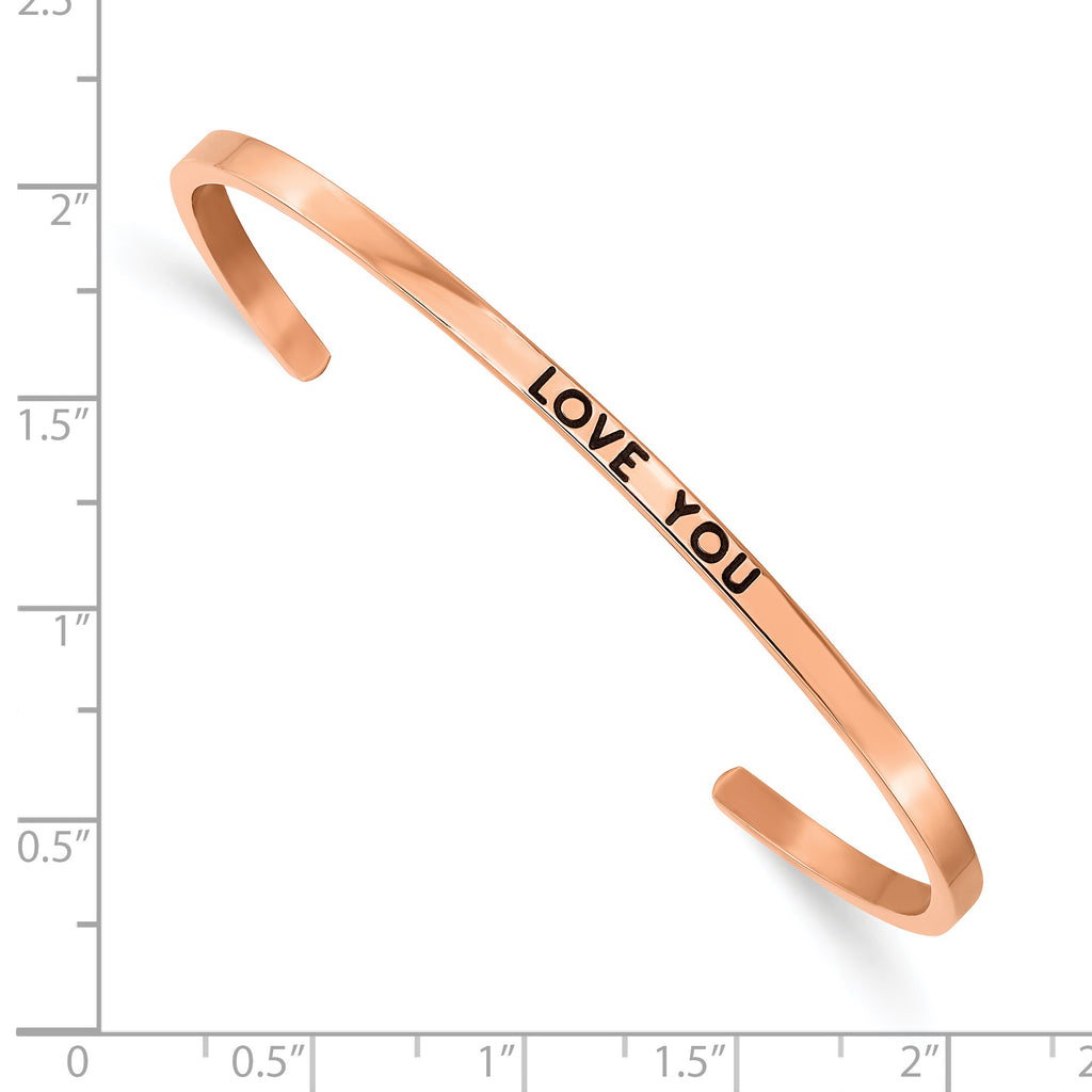Stainless Steel Polished Rose IP-plated and Enameled with Crystal Love You 3mm Cuff Bangle Bracelet for Women