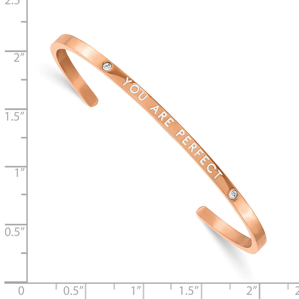 Stainless Steel Polished Rose IP-plated and Enameled with Crystal You Are Perfect Bangle Bracelet for Women