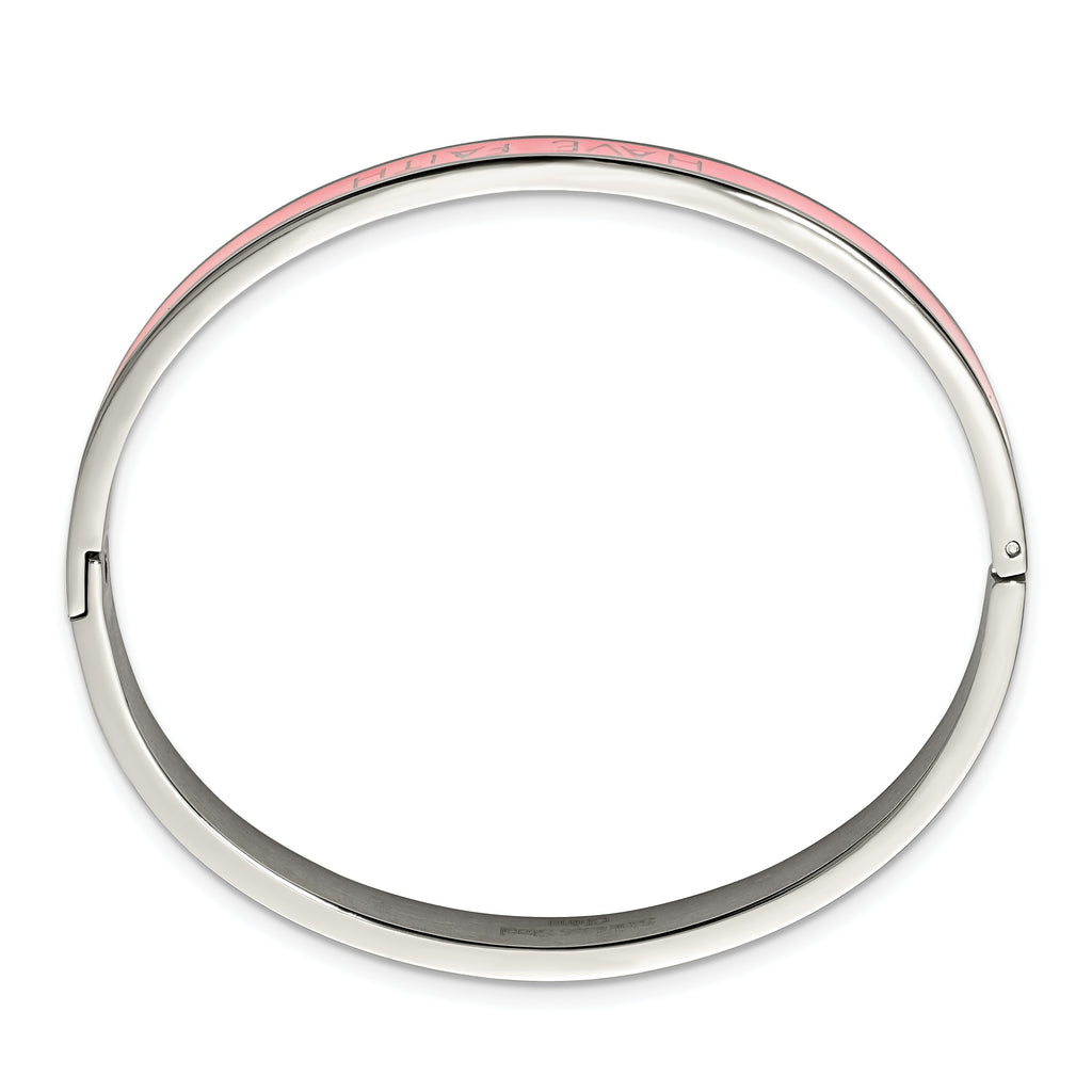 Stainless Steel Polished Pink Enamel Have Faith 6mm Hinged Bangle Bracelet for Women