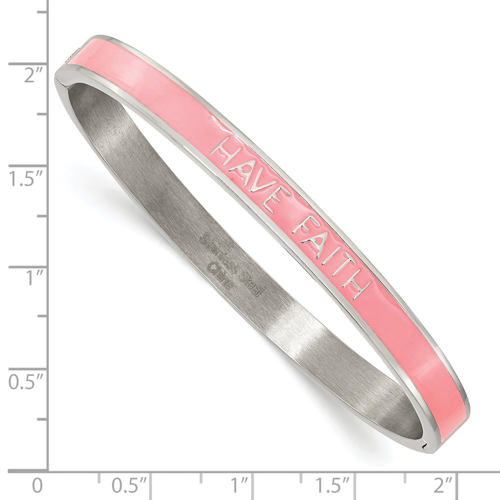 Stainless Steel Polished Pink Enamel Have Faith 6mm Hinged Bangle Bracelet for Women