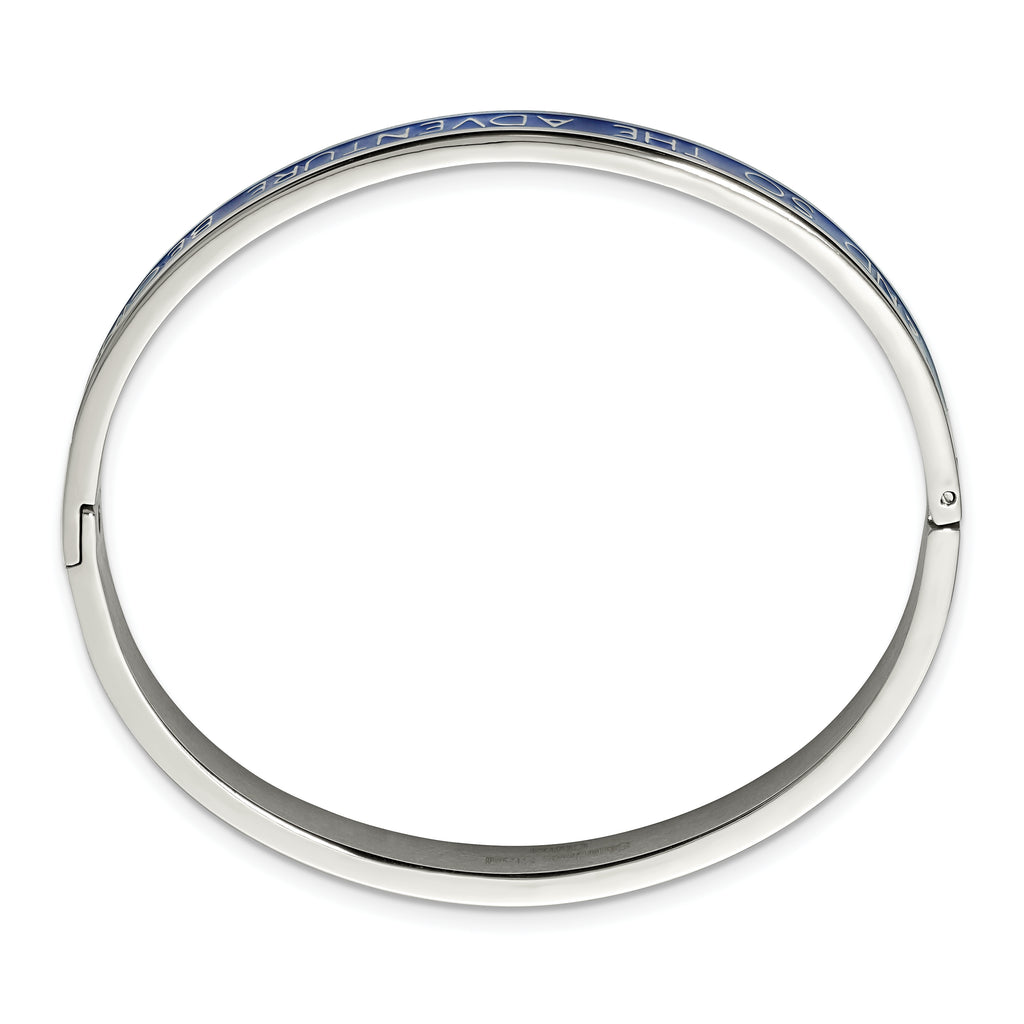 Stainless Steel Polished Blue Enamel Adventure Begins 6mm Bangle Bracelet for Women