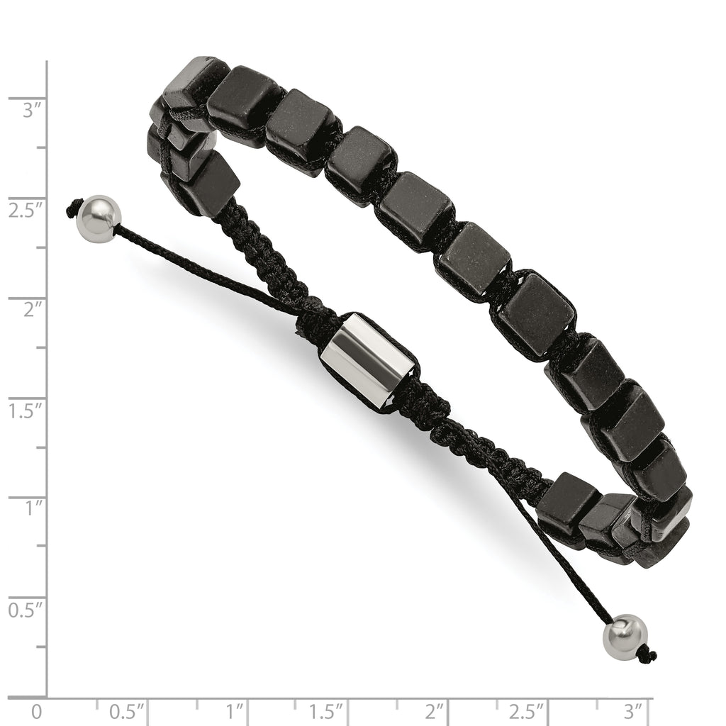 Stainless Steel Polished with Black Agate Black Macrame Adjustable Bracelet