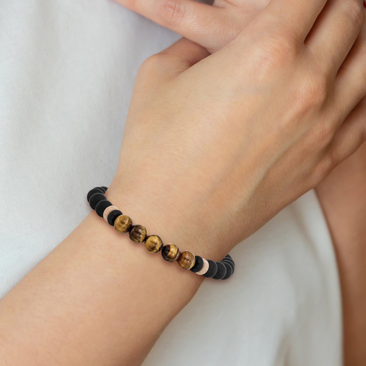 Stainless Steel Brushed Black IP-plated 8mm Black Agate and Tiger's Eye Beaded Stretch Bracelet