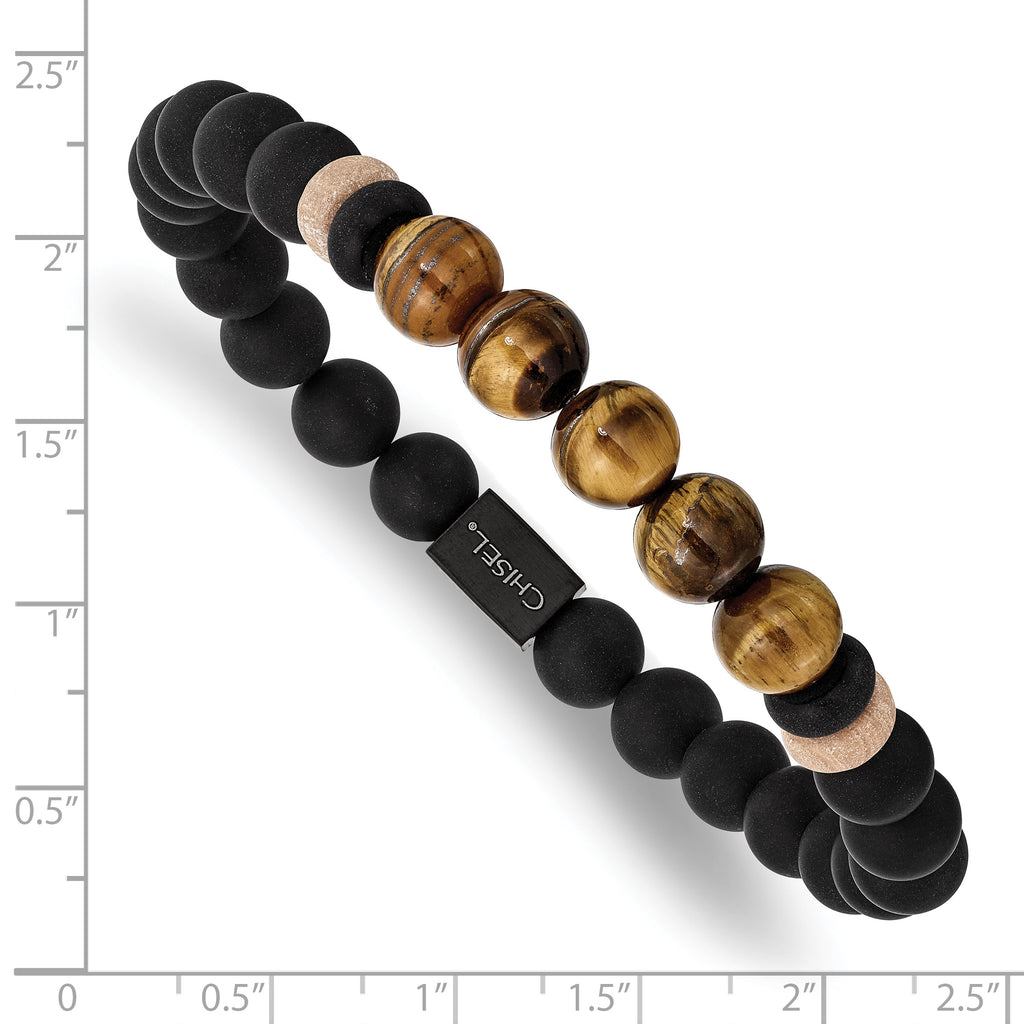 Stainless Steel Brushed Black IP-plated 8mm Black Agate and Tiger's Eye Beaded Stretch Bracelet