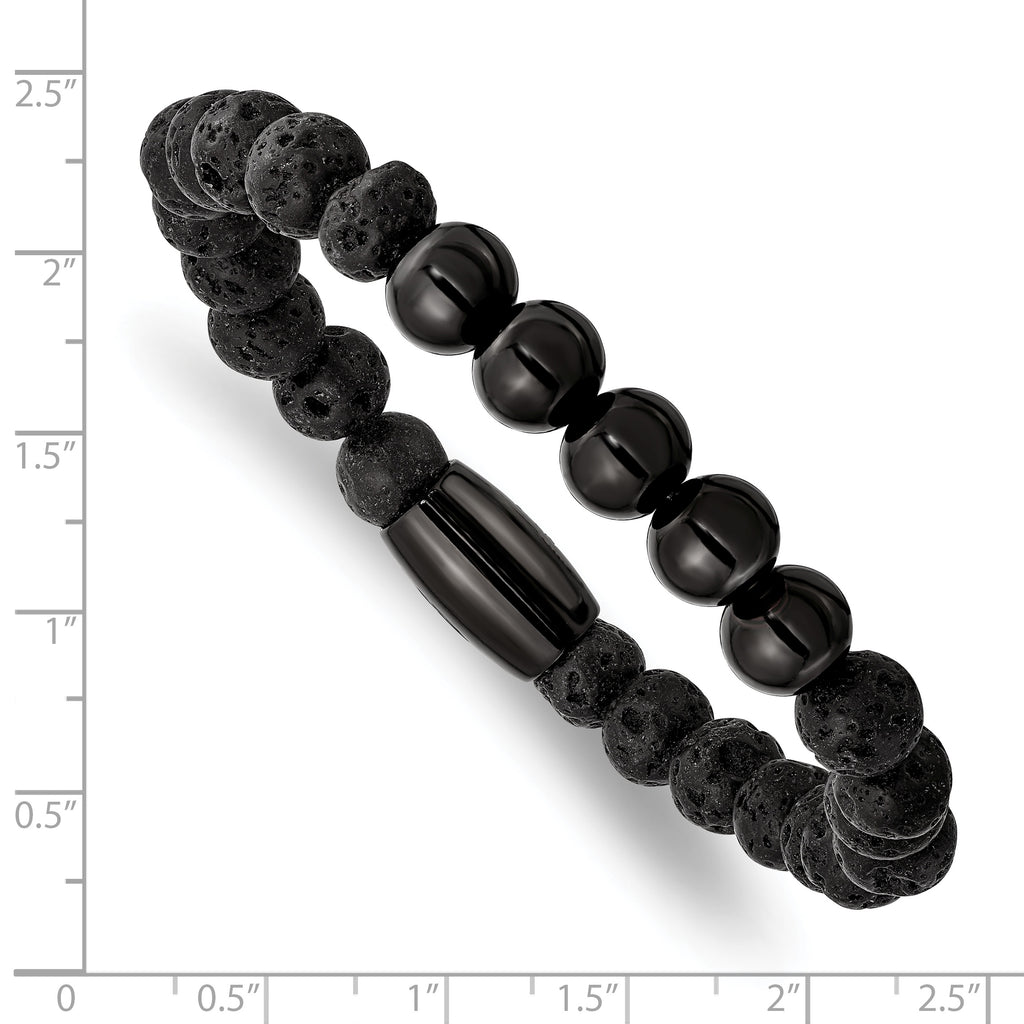 Stainless Steel Polished Black IP-plated 8mm Lava Stone Stretch Bracelet