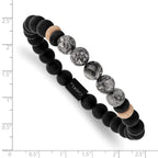 Stainless Steel Brushed Black IP-plated 8mm Black Agate and Grey Jasper Beaded Stretch Bracelet