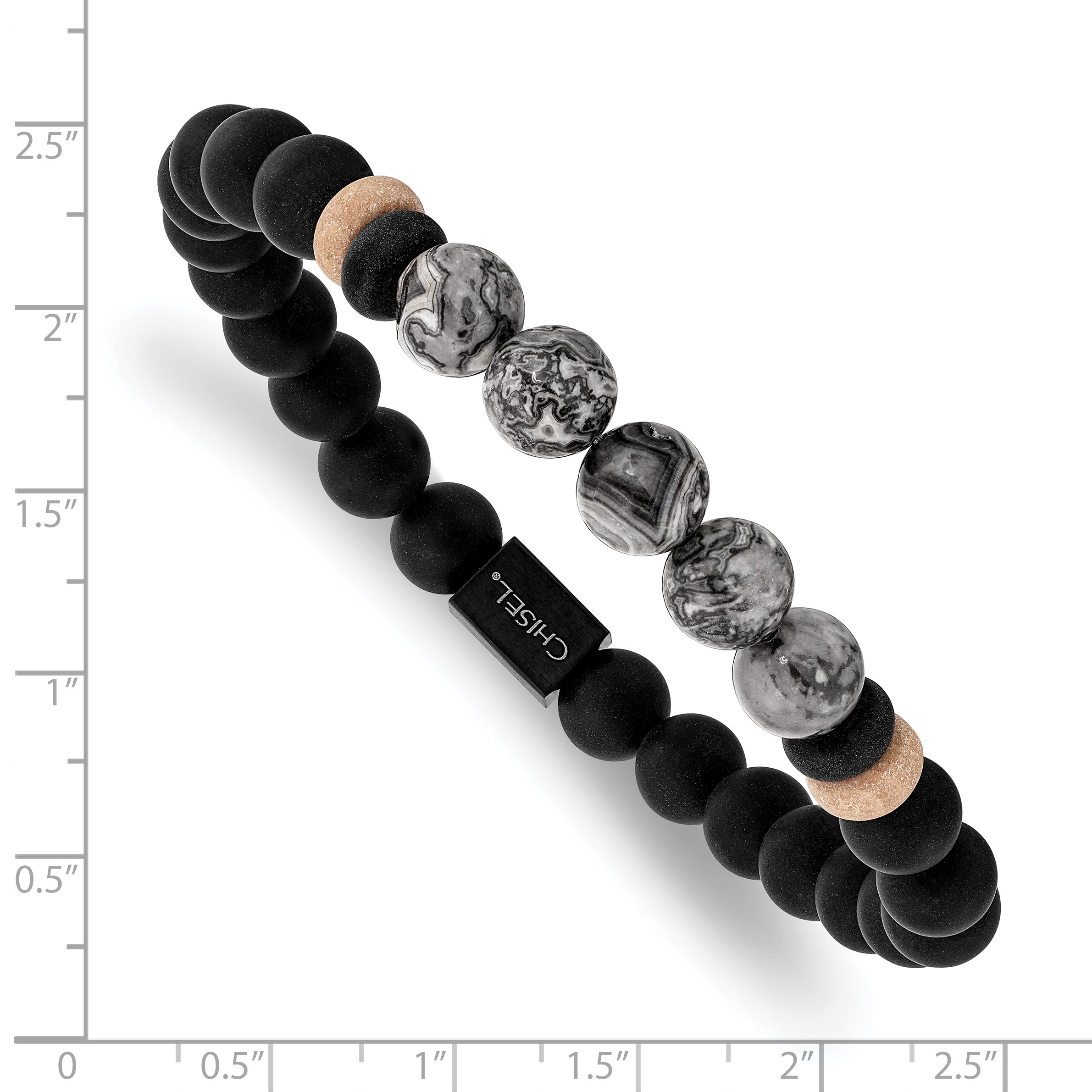 Stainless Steel Brushed Black IP-plated 8mm Black Agate and Grey Jasper Beaded Stretch Bracelet