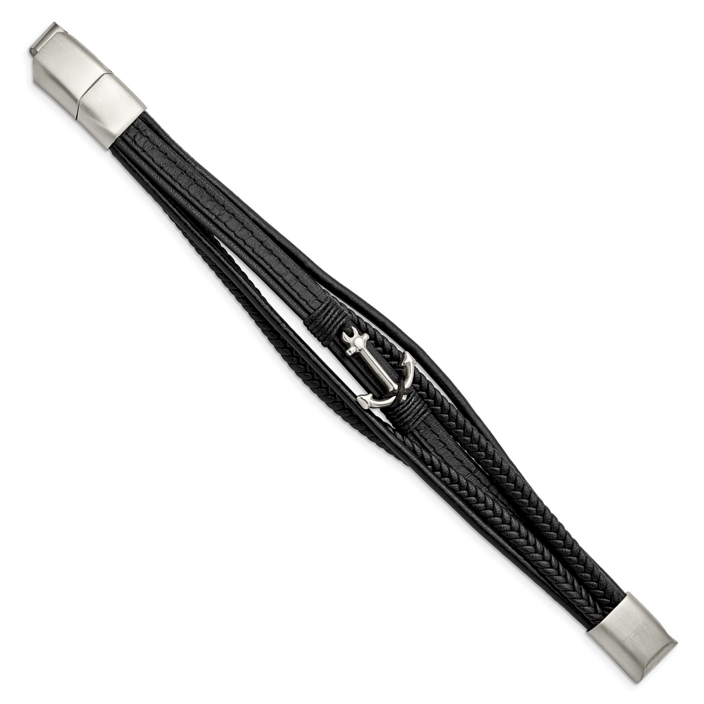 Stainless Steel Polished Anchor Black PU Leather Bracelet with . Extension