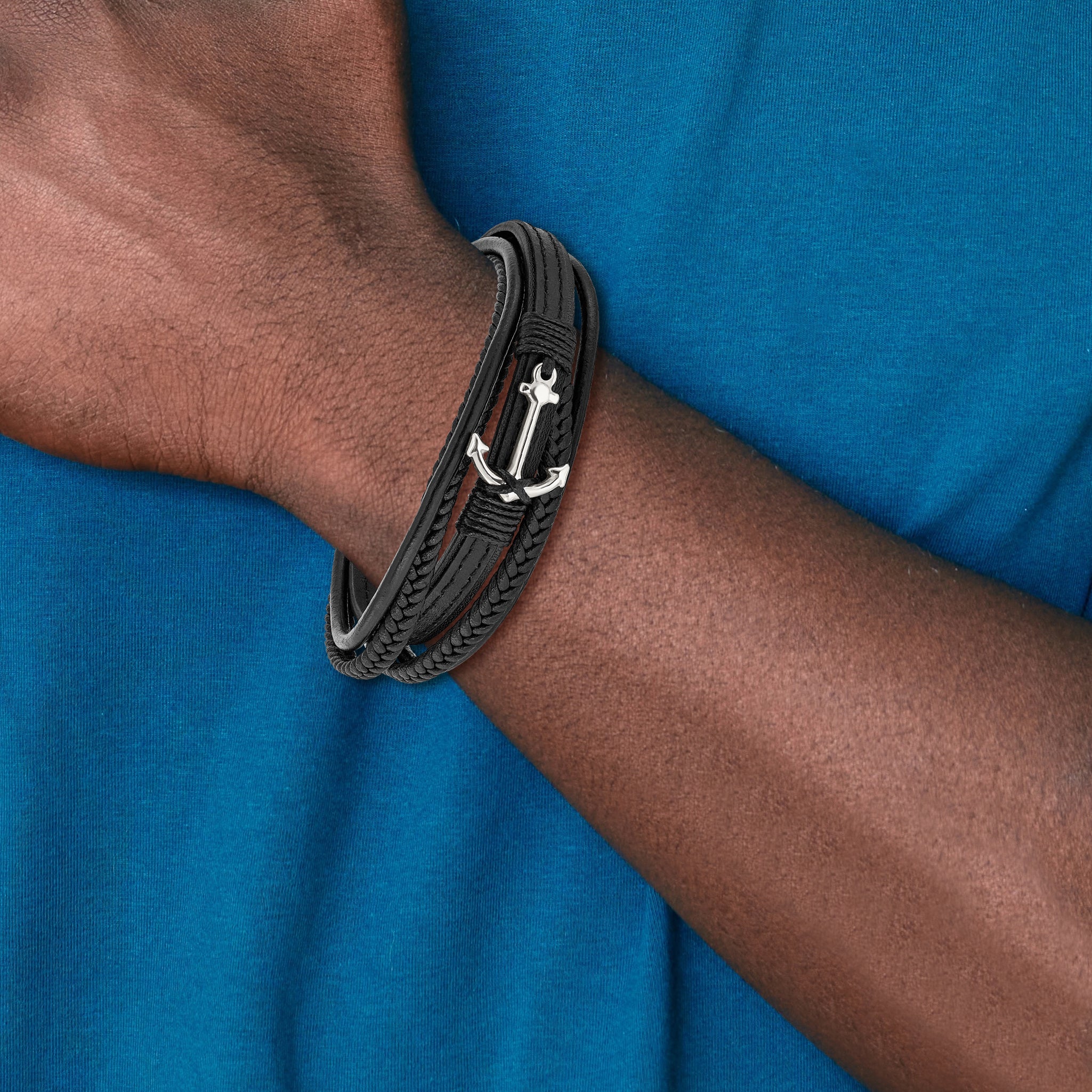 Stainless Steel Polished Anchor Black PU Leather Bracelet with . Extension